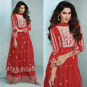 Maroon Lucknowi Embroidered Rayon Palazzo Suit