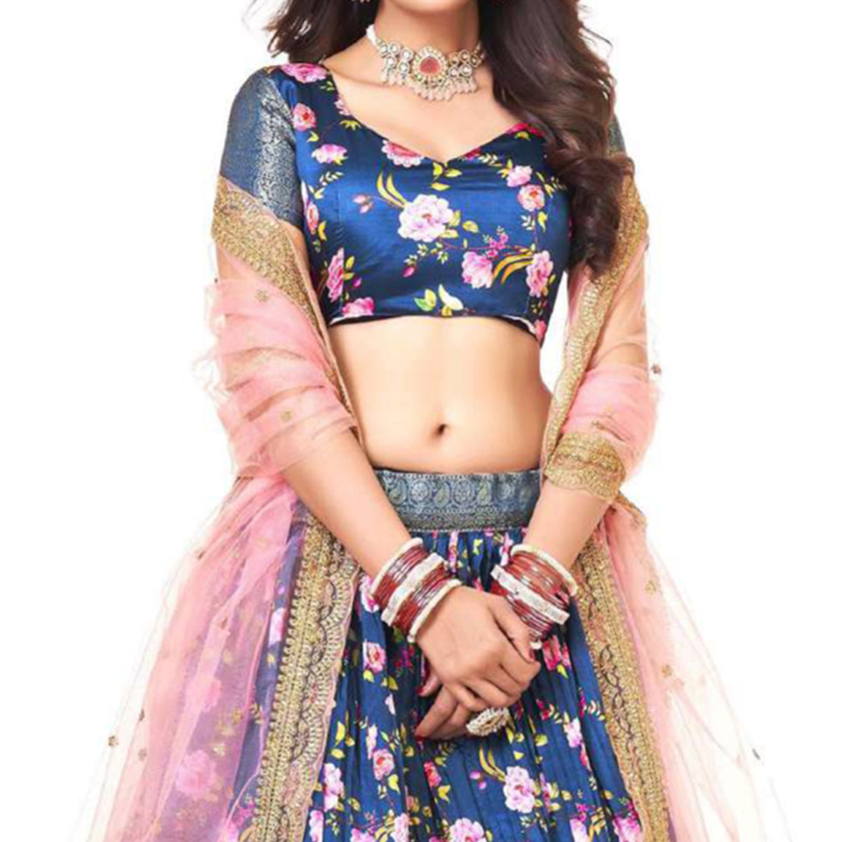 Blue Digital Printed With Zari Work Art Silk Lehenga Choli