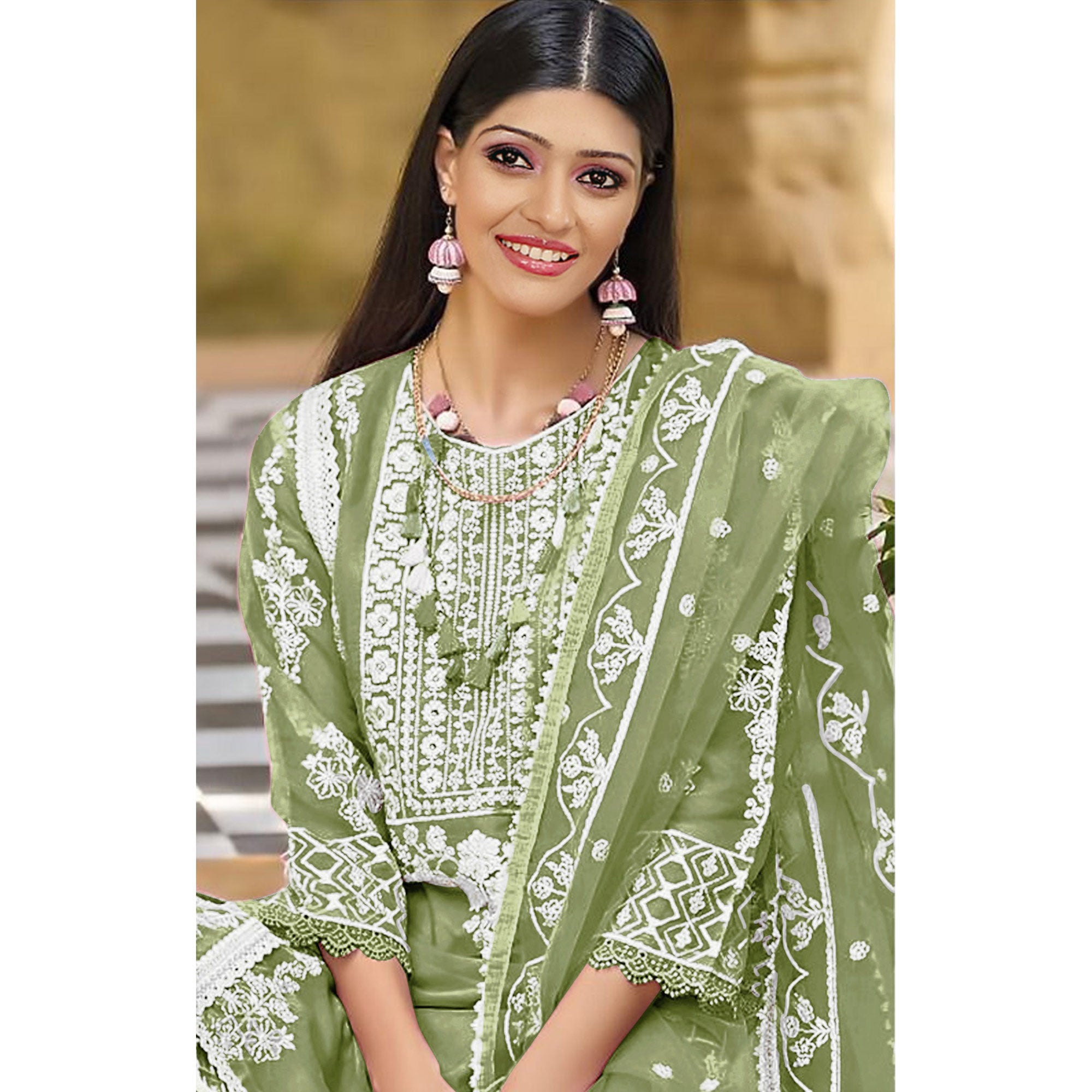 Green Floral Embroidered Organza Pakistani Suit