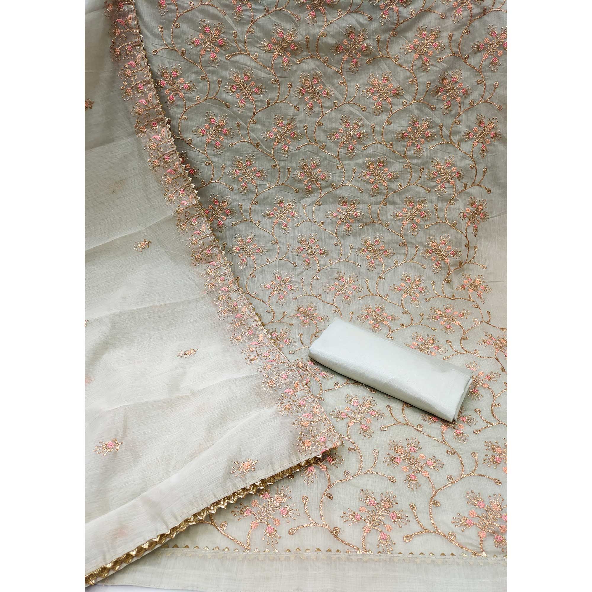 Grey Floral Embroidered Chanderi Dress Material