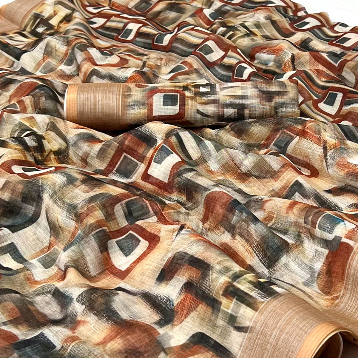 Brown Digital Printed Linen Saree