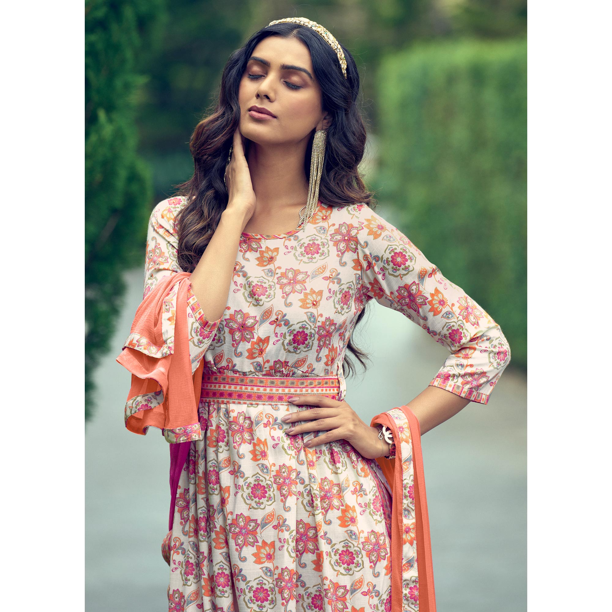 Cream Printed With Mirror Work Rayon Naira Cut Suit