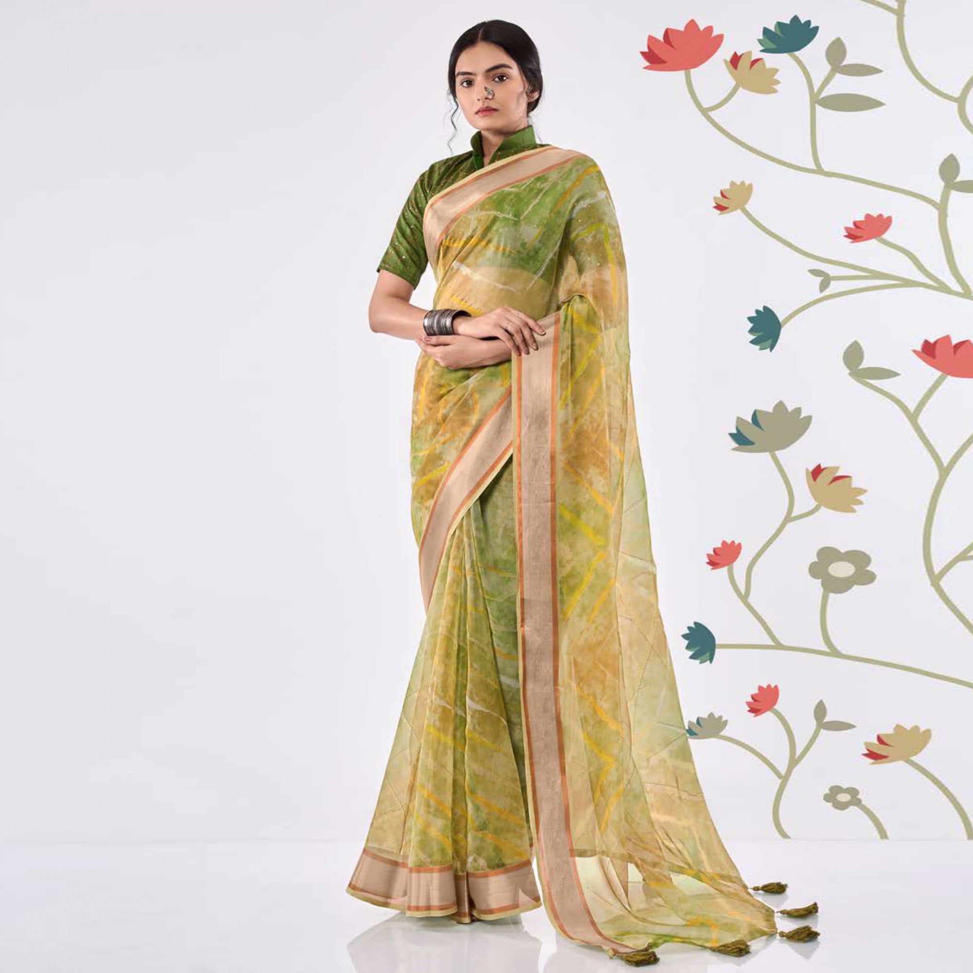 Green Printed Organza Saree With Woven Border
