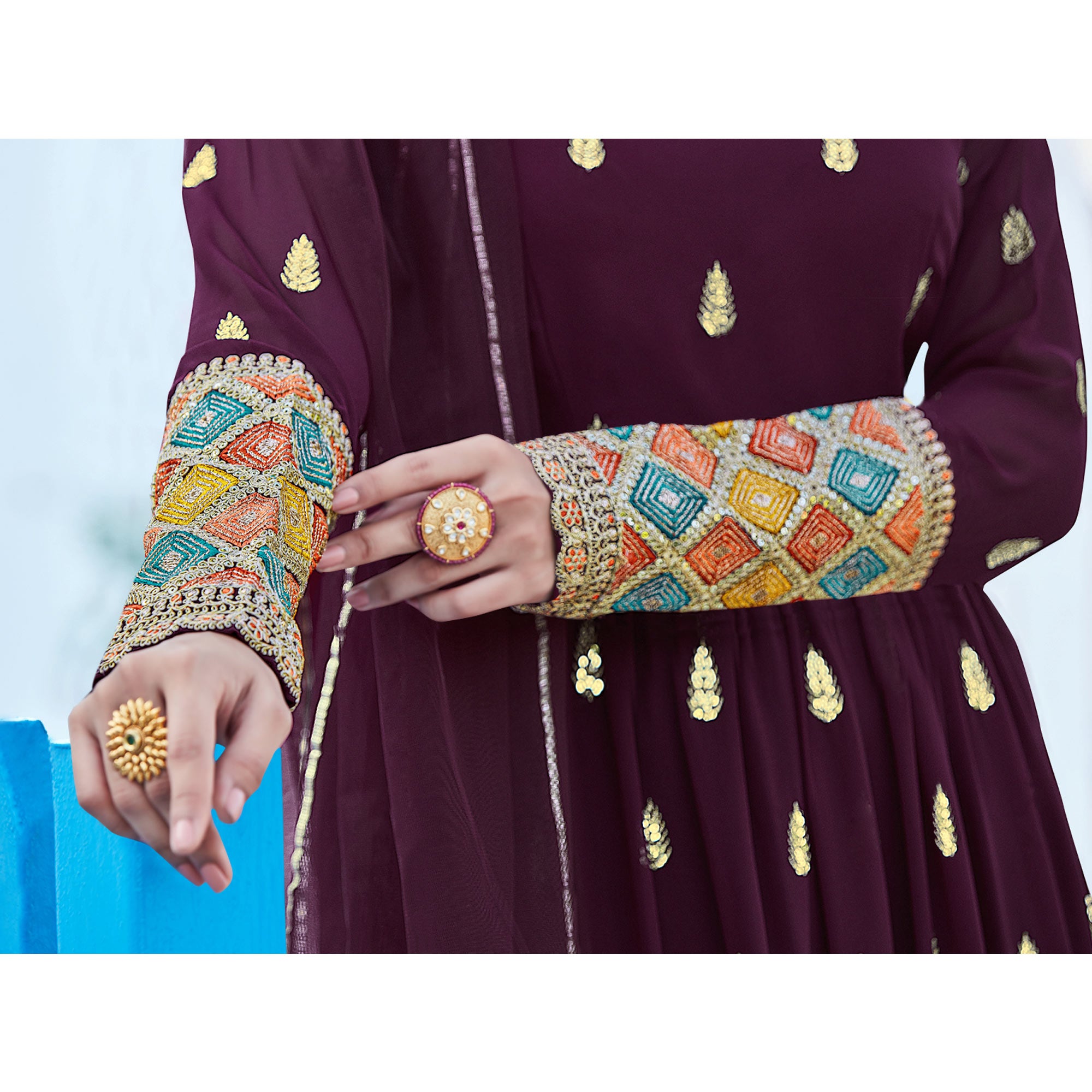 Wine Sequins Embroidered Georgette Naira Cut Suit