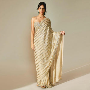 Cream Sequins Embroidered Georgette Saree