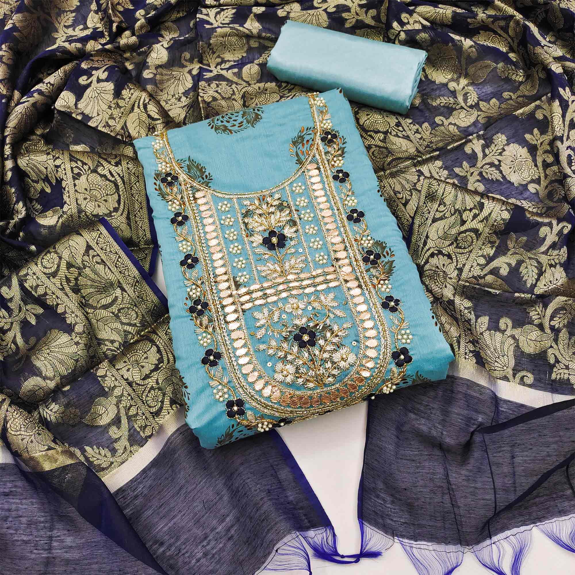 Sky Blue Floral Printed With Handwork Modal Dress Material