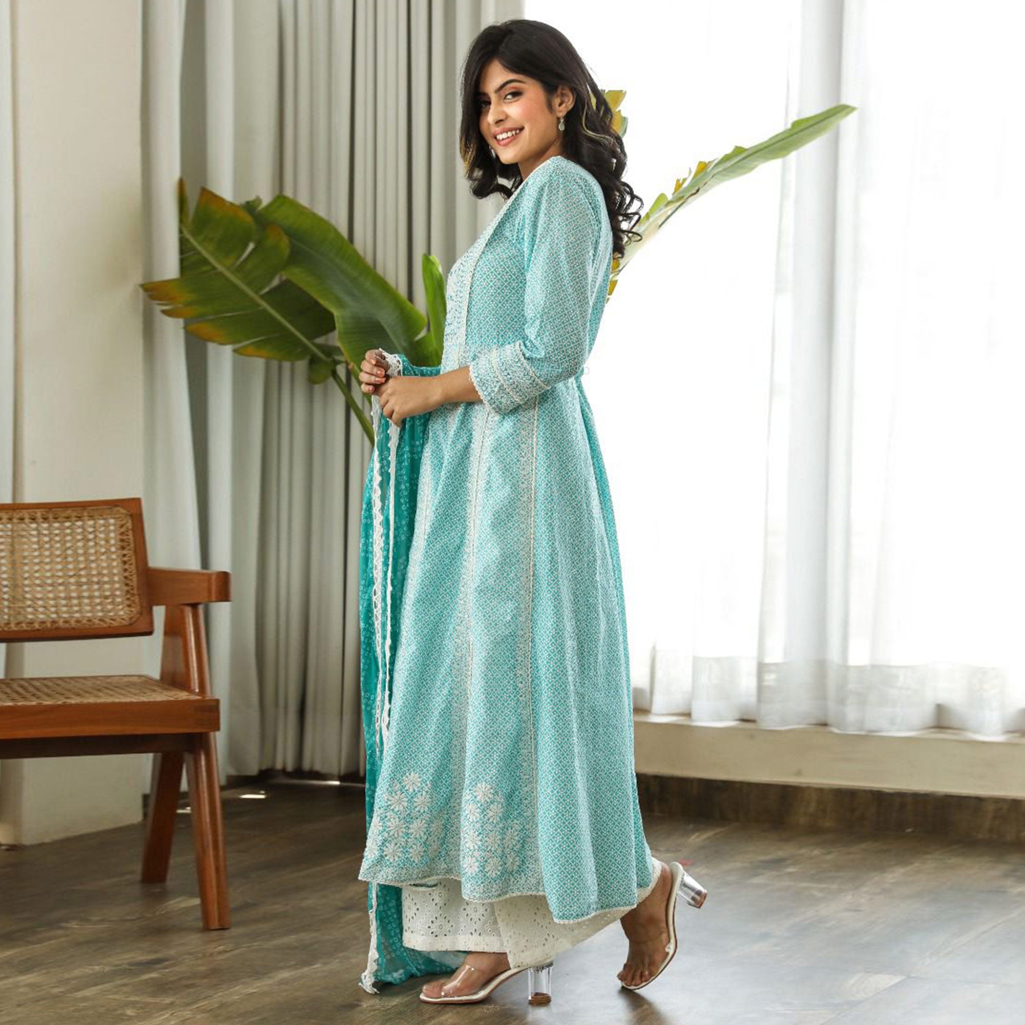 Blue Floral Embroidered Pure Cotton Crosia Border Anarkali Suit