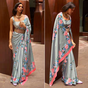 Grey Floral Digital Printed Satin Saree