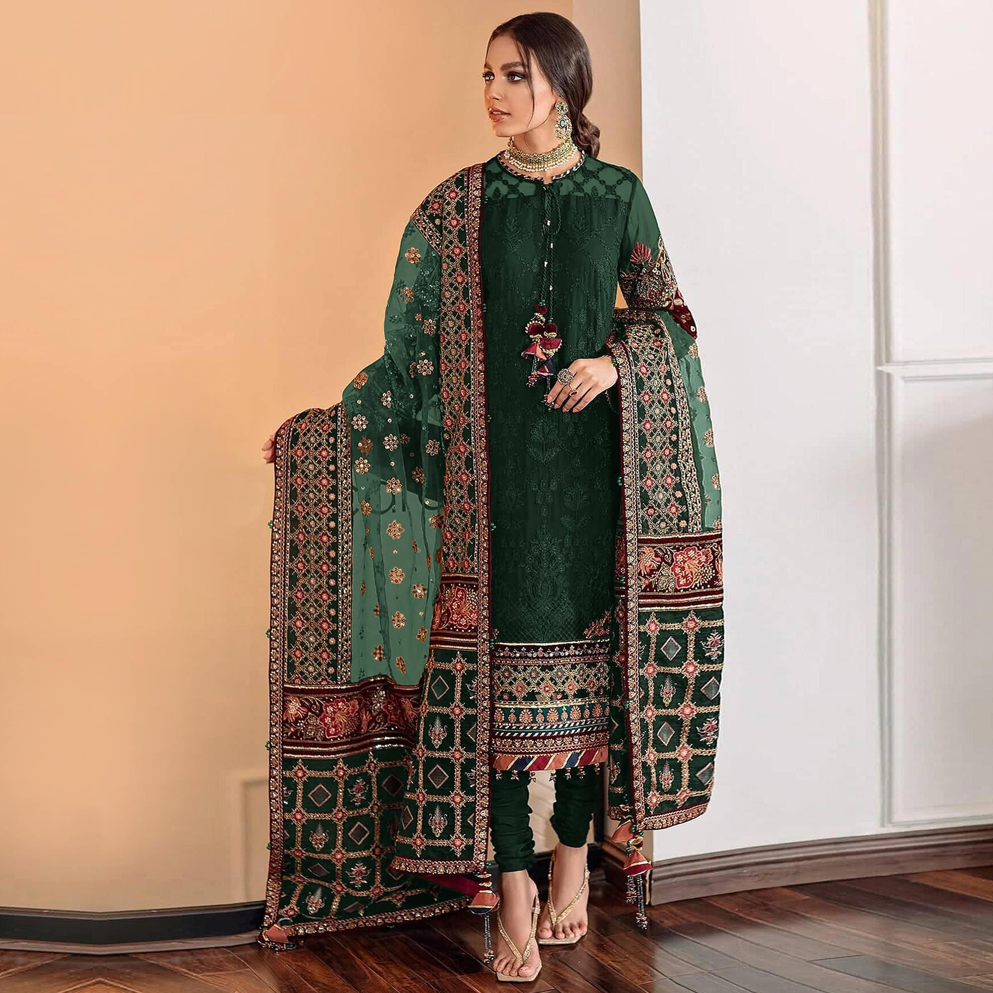 Green Sequins Embroidered Georgette Pakistani Suit