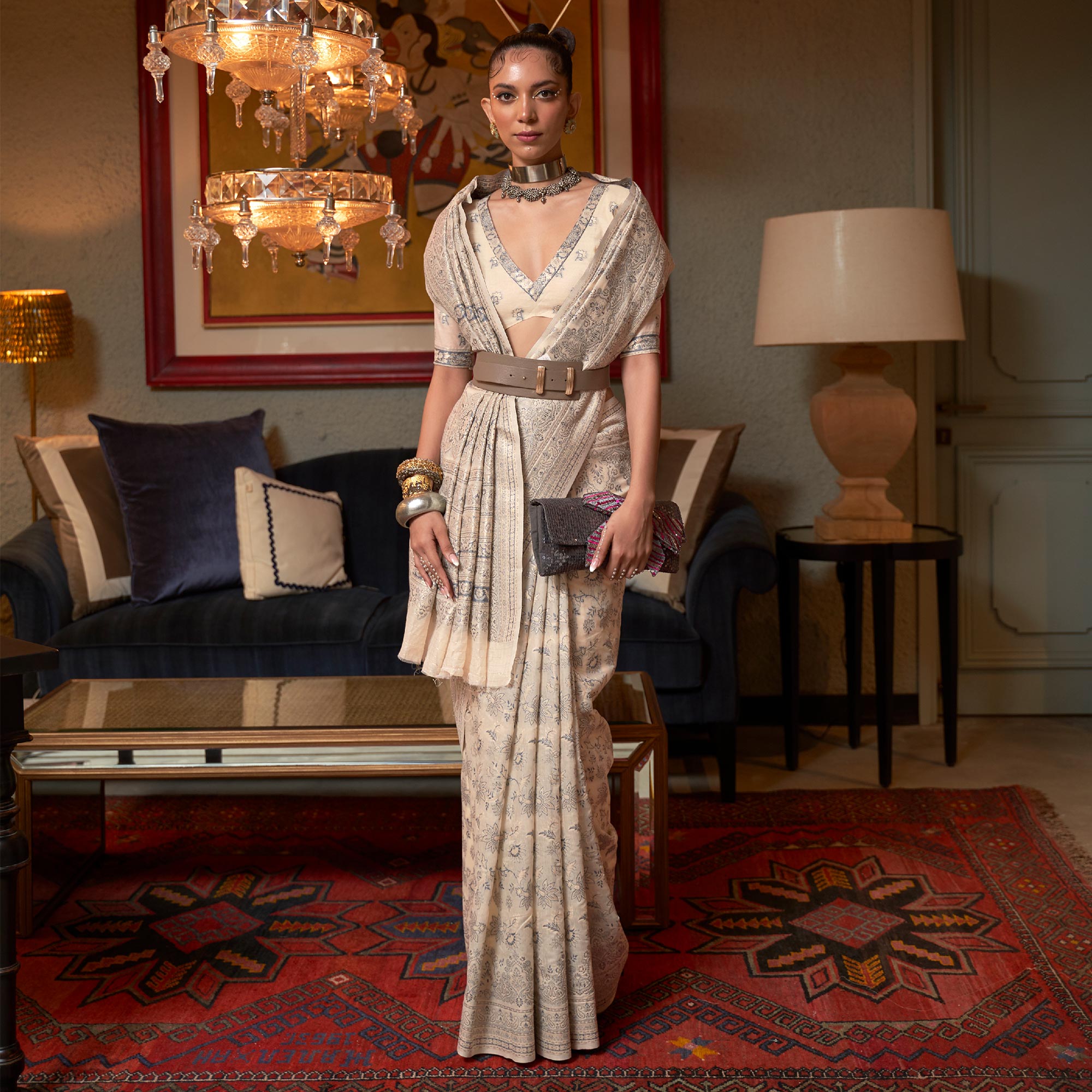 Pastle Brown Floral Woven Modal Saree With Tassels