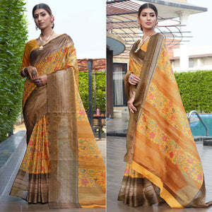 Mustard Floral Digital Printed Cotton Blend Saree