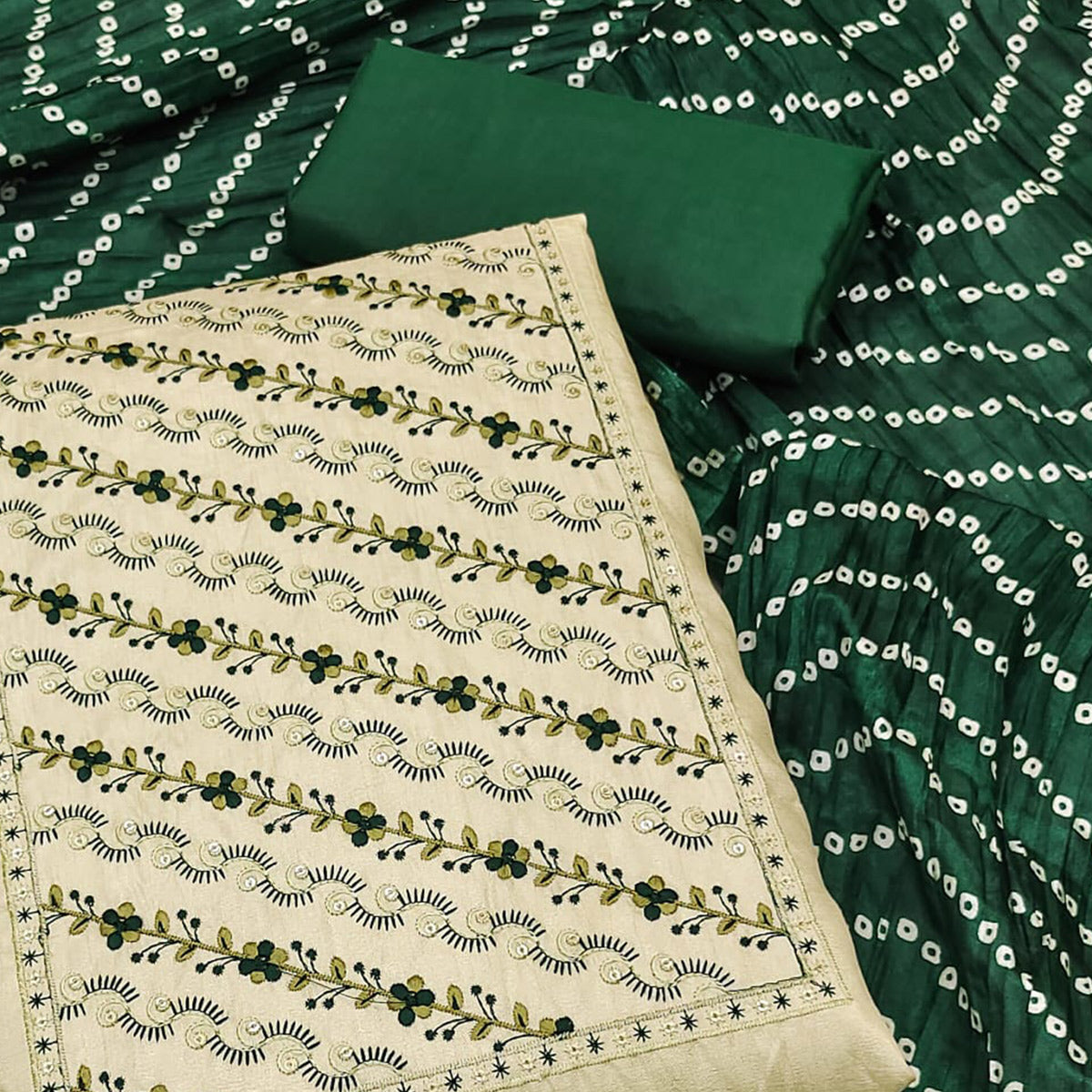 Pista Green Embroidered Raw Silk Dress Material