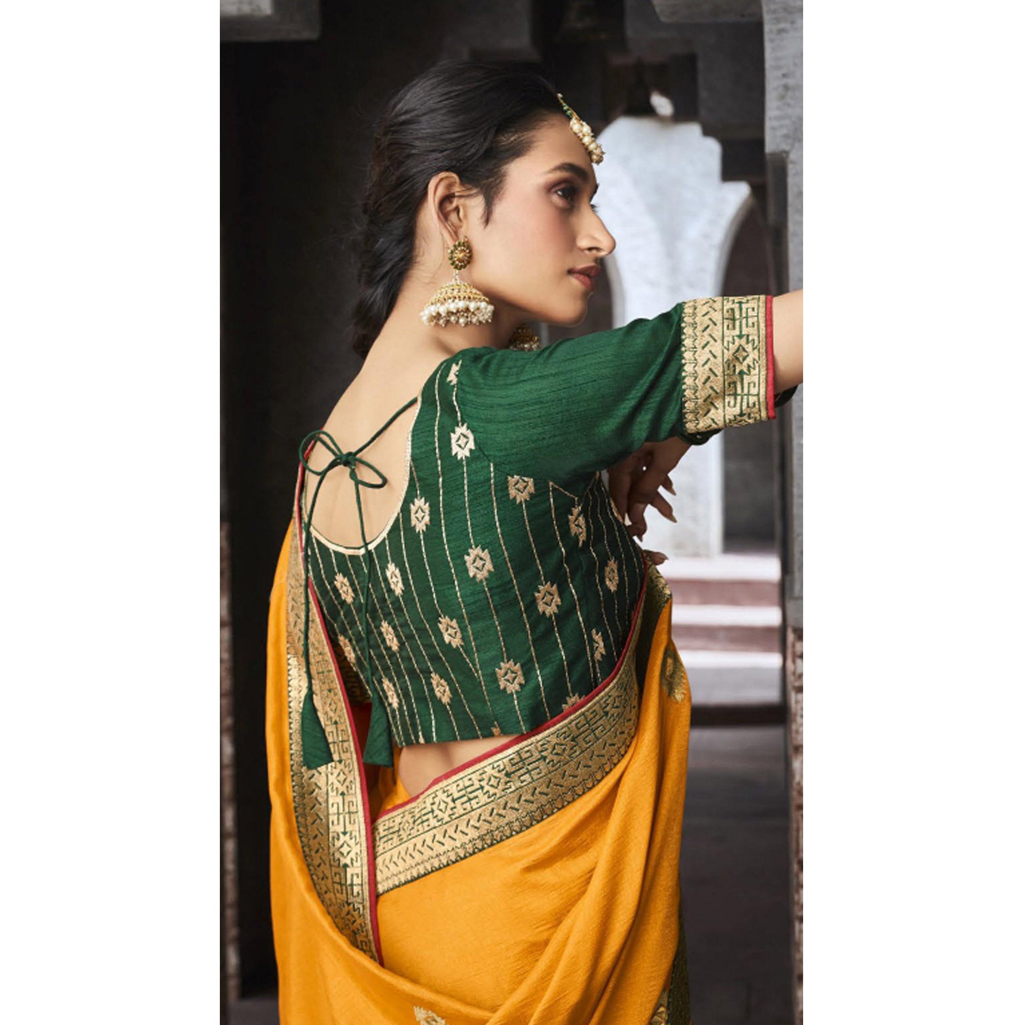Mustard Woven Vichitra Silk Saree With Tassels