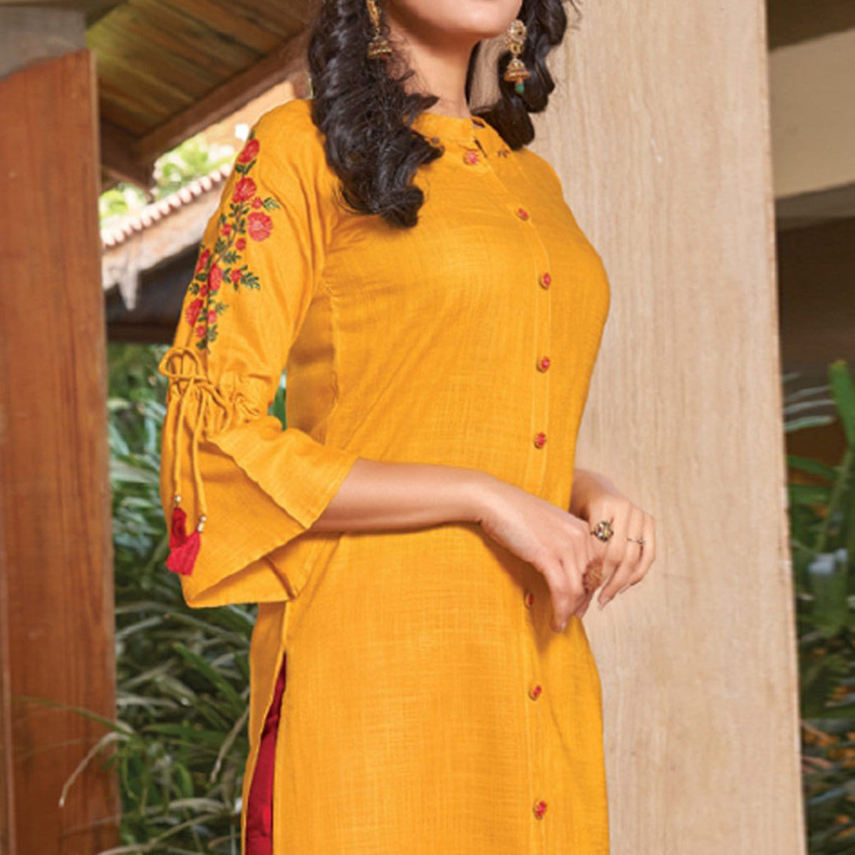 Mustard Floral Embroidered Rayon Kurti