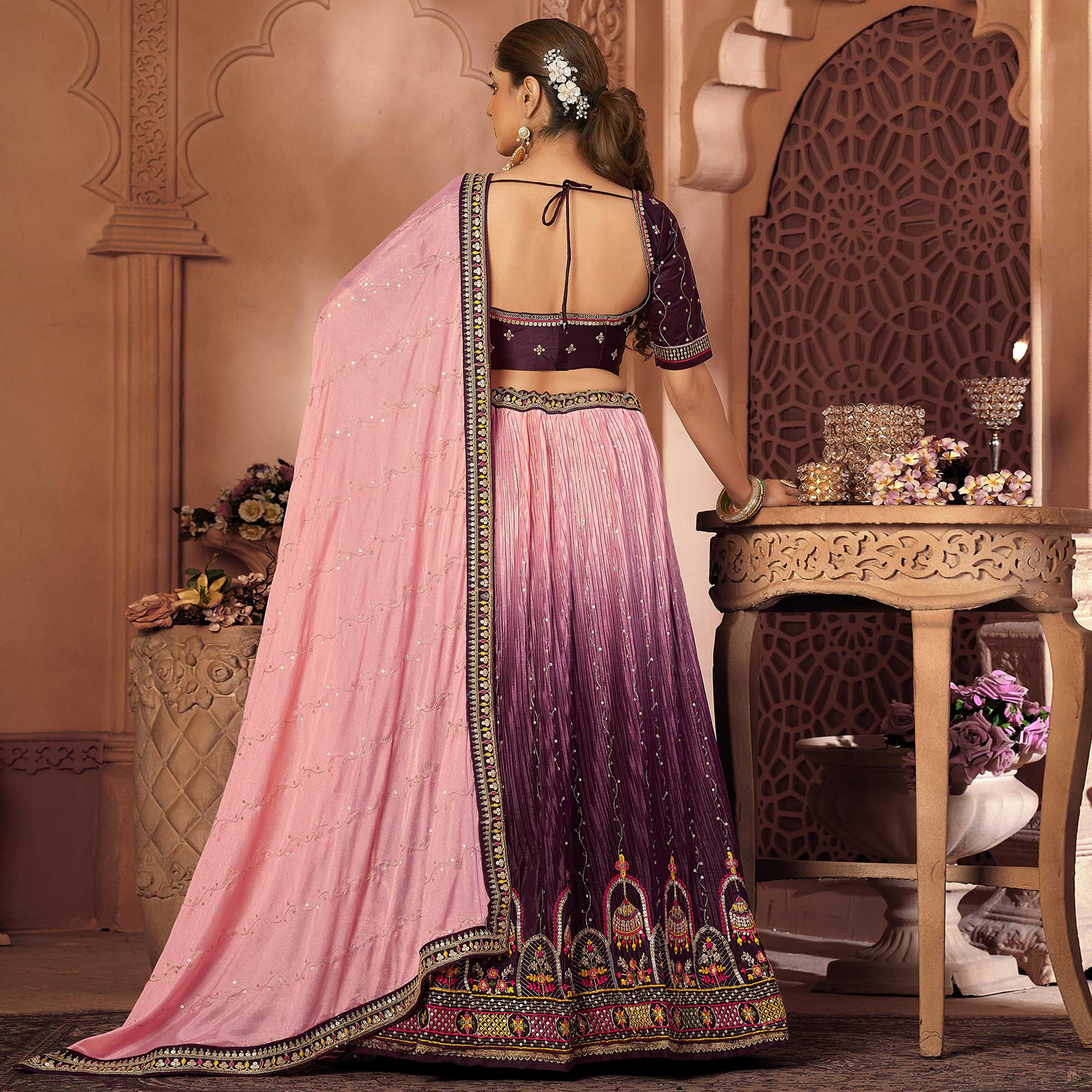 Wine & Pink Sequins Embroidered Chiffon Lehenga Choli