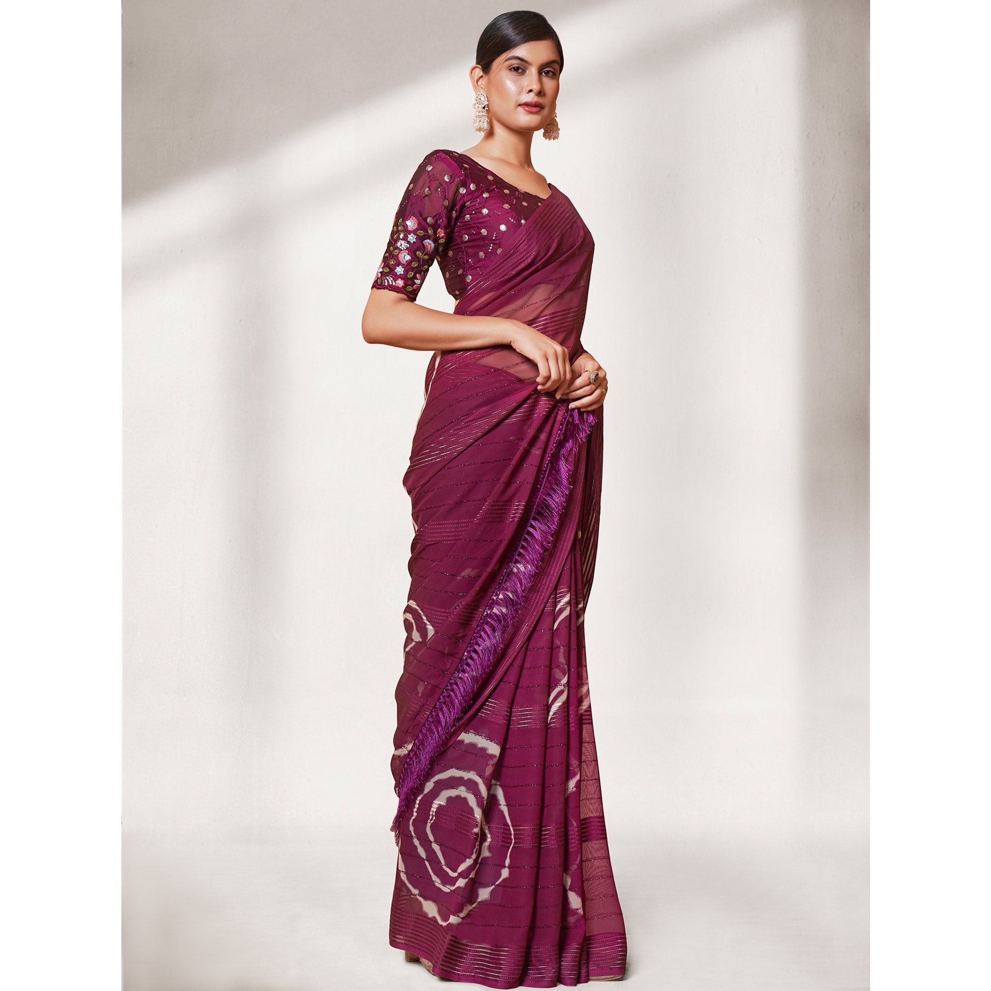 Wine Printed Wiht Embroidered Georgette Saree