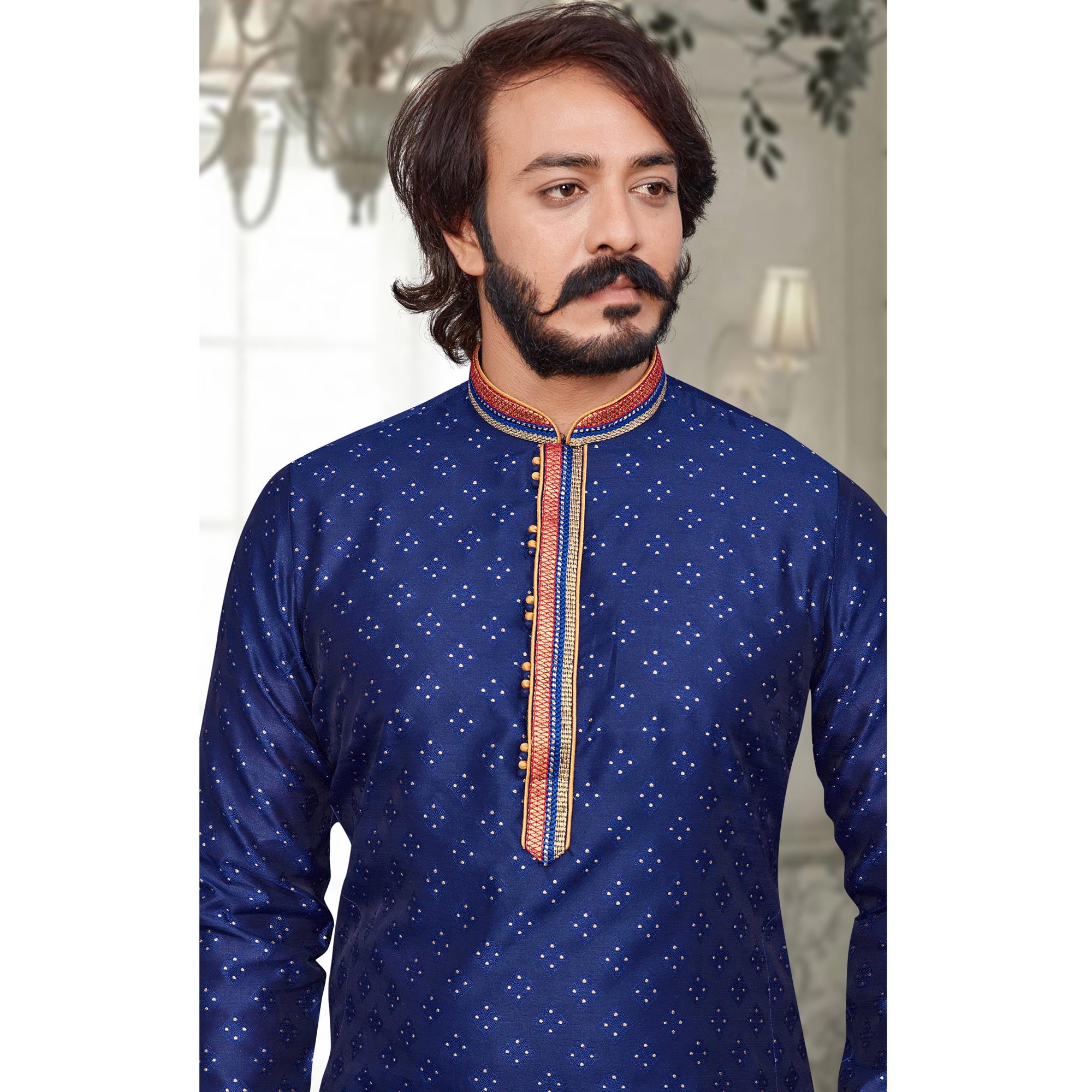 Blue Woven Jacquard Kurta Pyjama Set