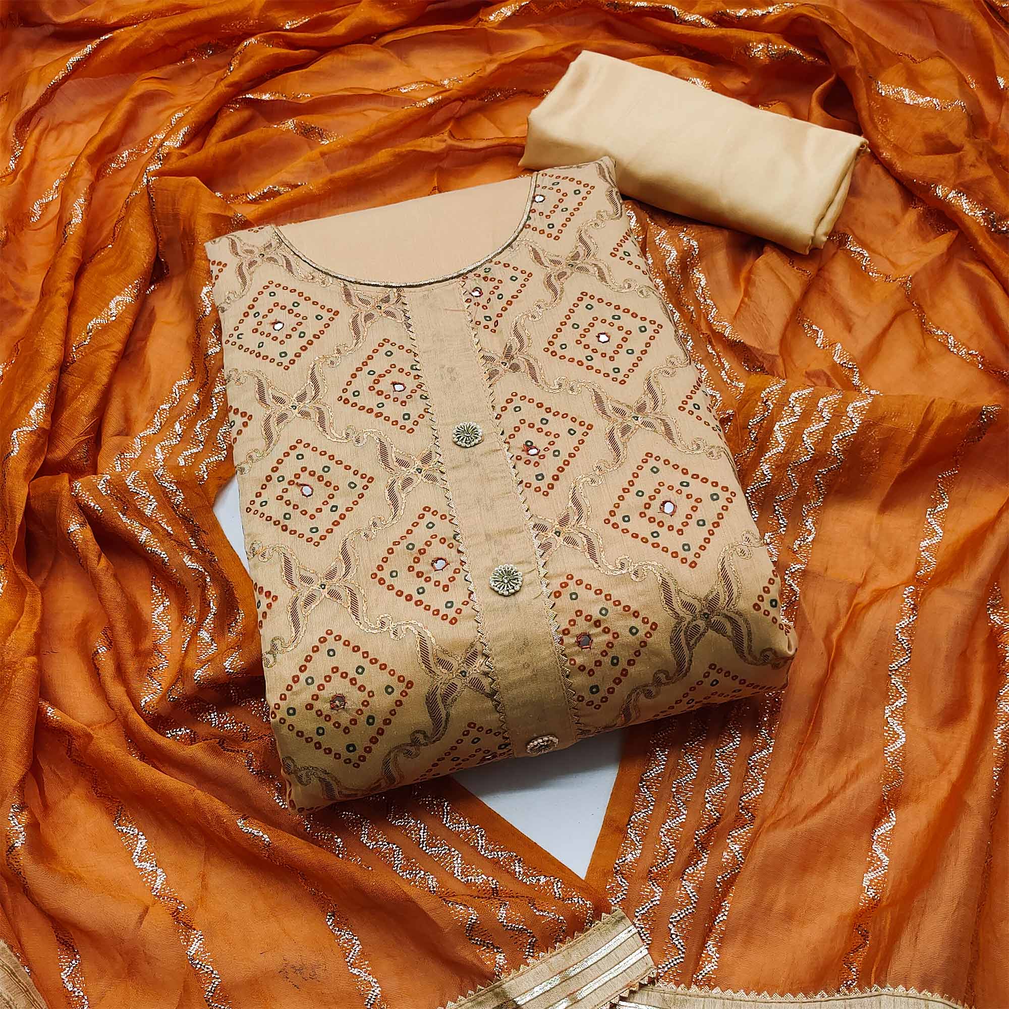 Beige Embroidered Chanderi Dress Material