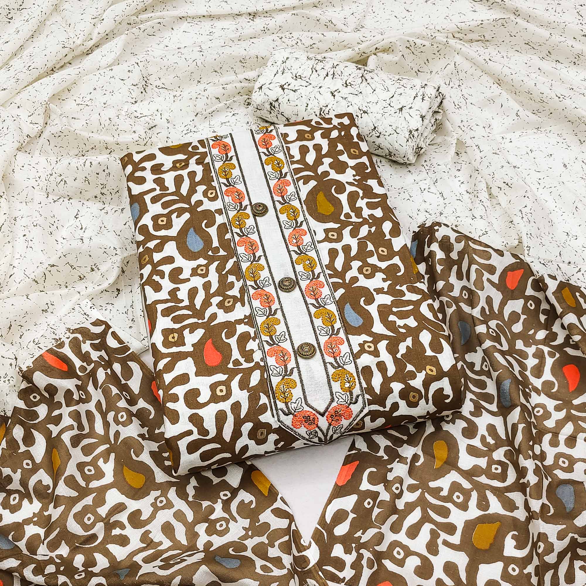 Brown Printed Cotton Dress Material