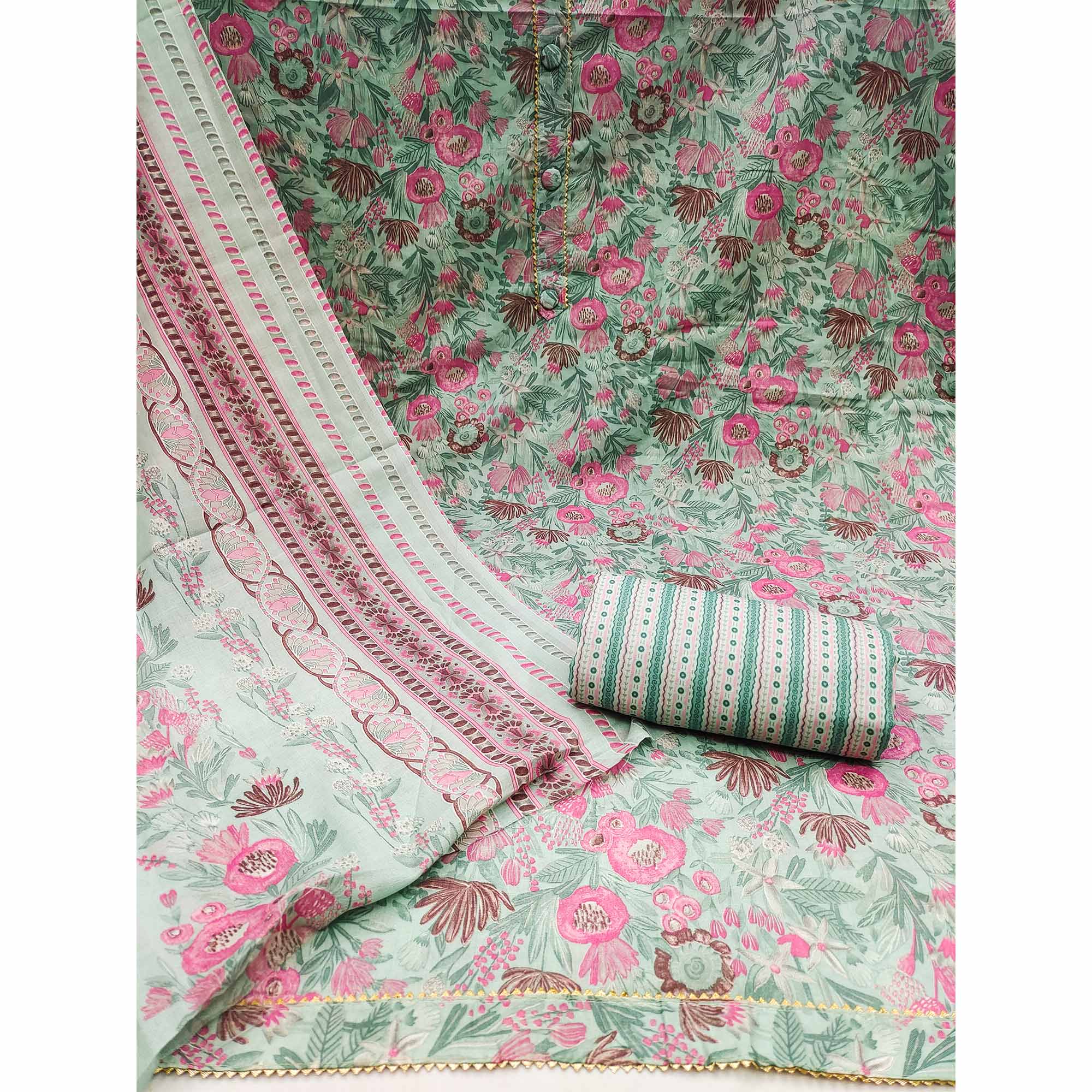Green Floral Printed Cotton Blend Dress Material
