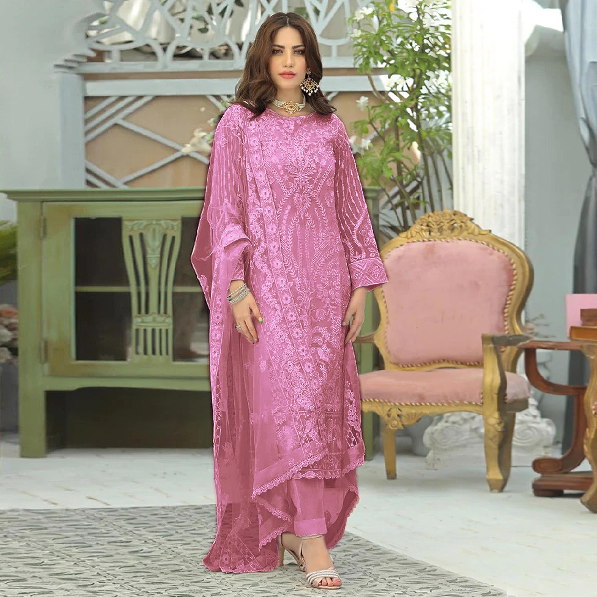 Pink Lucknowi Embroidered Georgette Pakistani Suit