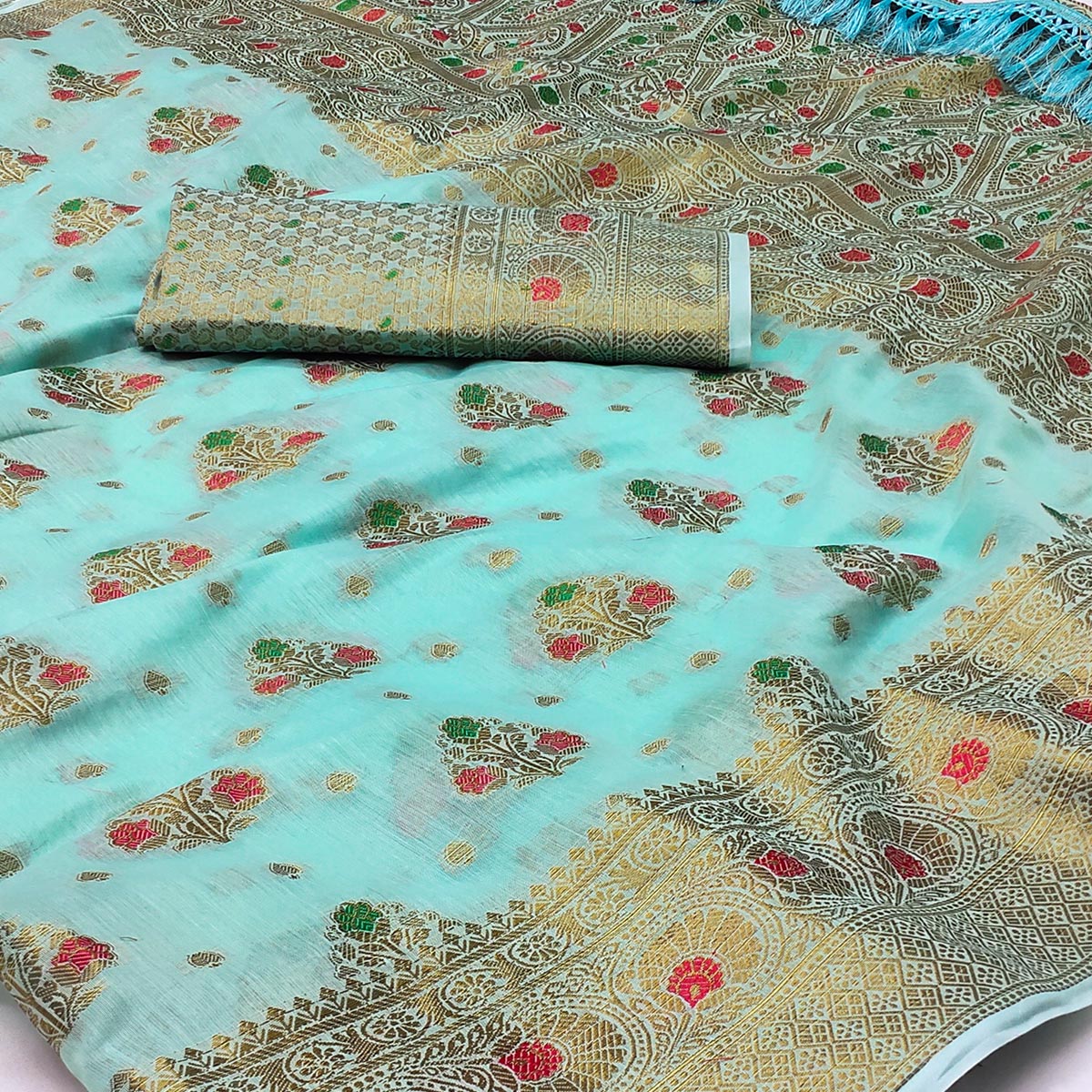 Blue Woven Cotton Blend Saree With Tassels