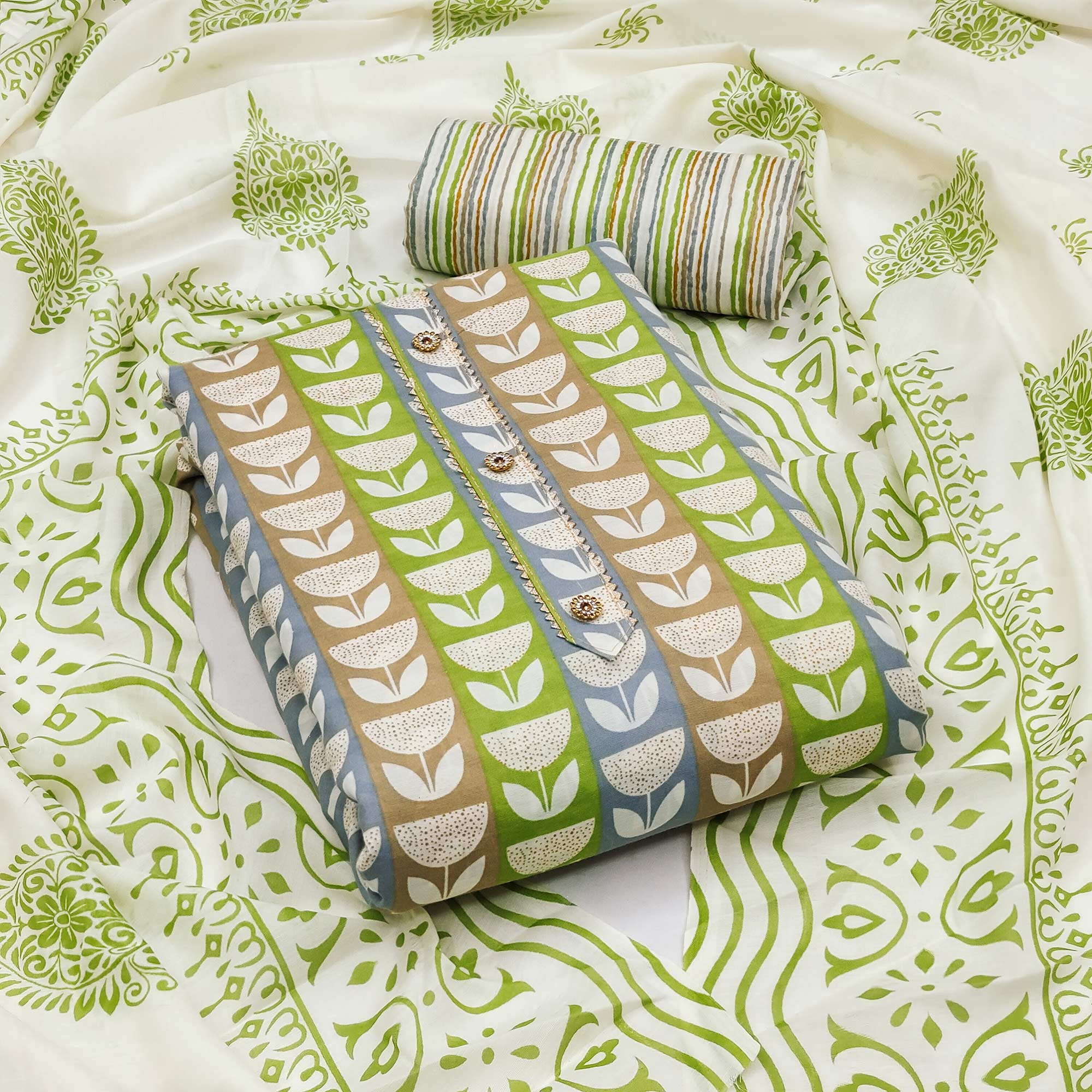 Green Printed Cotton Blend Dress Material