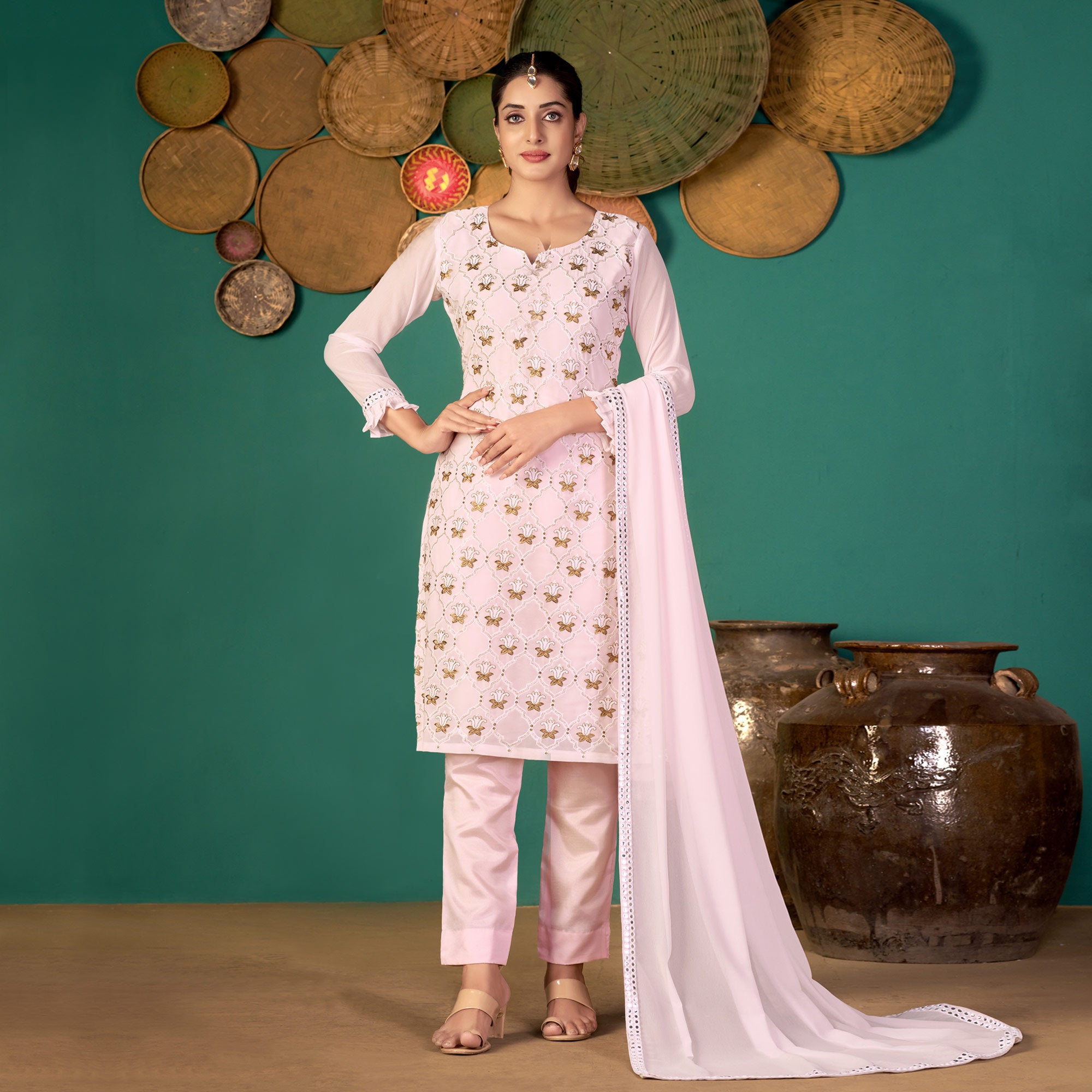 Pink Floral Embroidered Georgette Suit