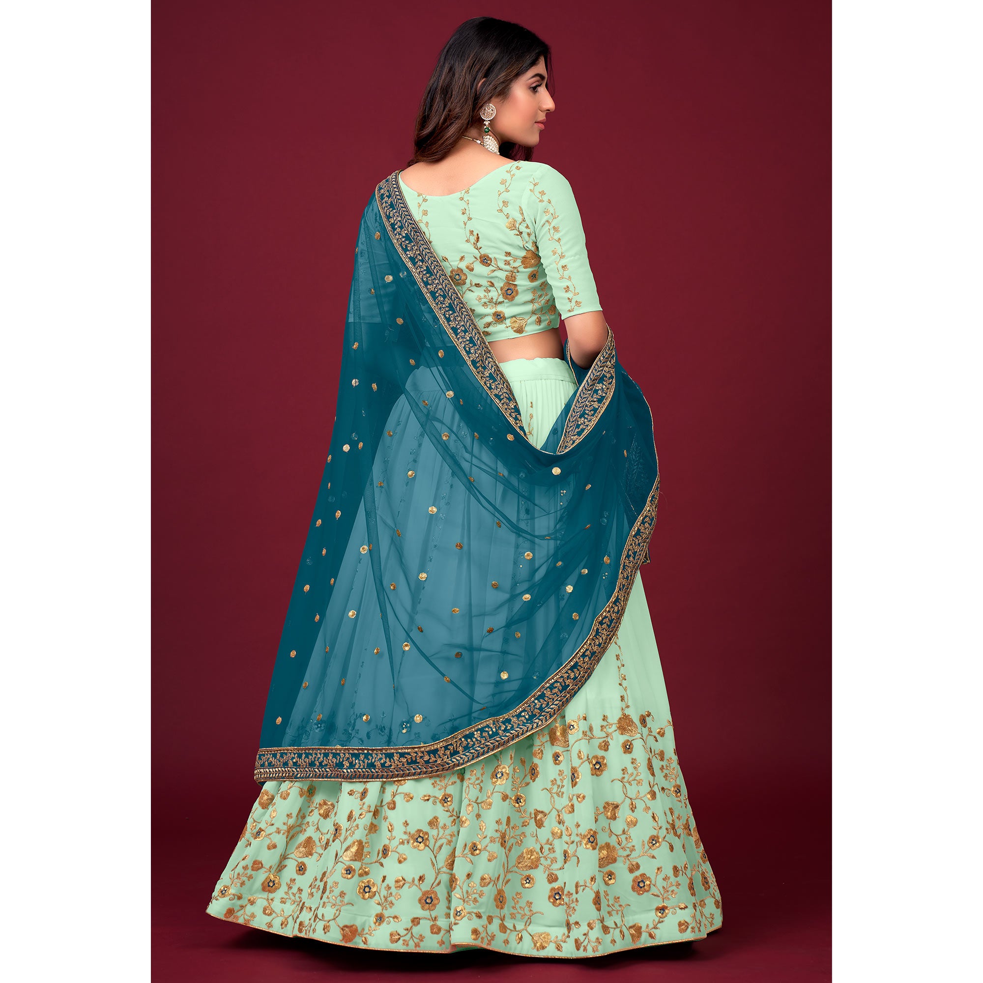 Sea Green Embroidered Georgette Lehenga Choli