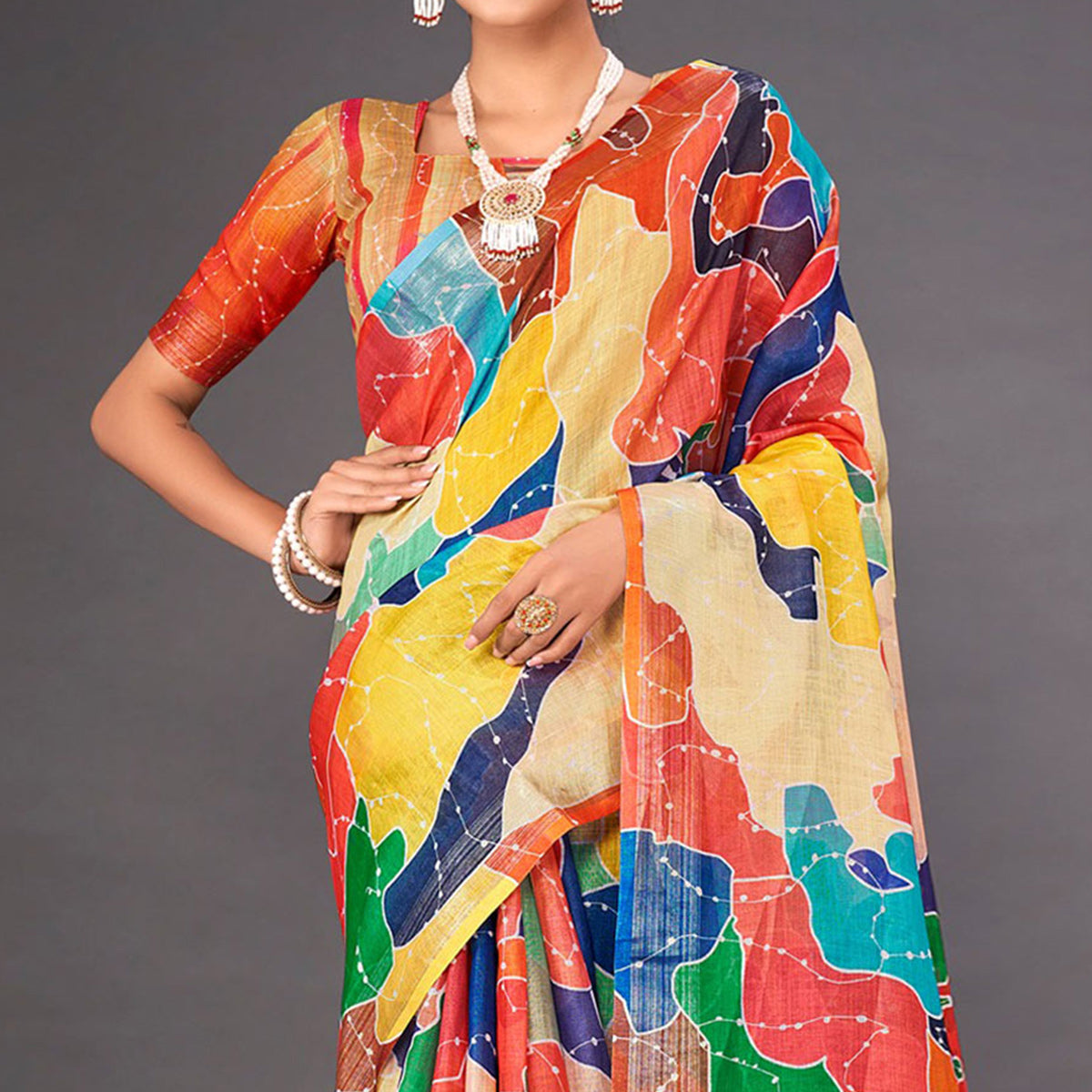 Multicolored Printed Crepe Saree Tassels