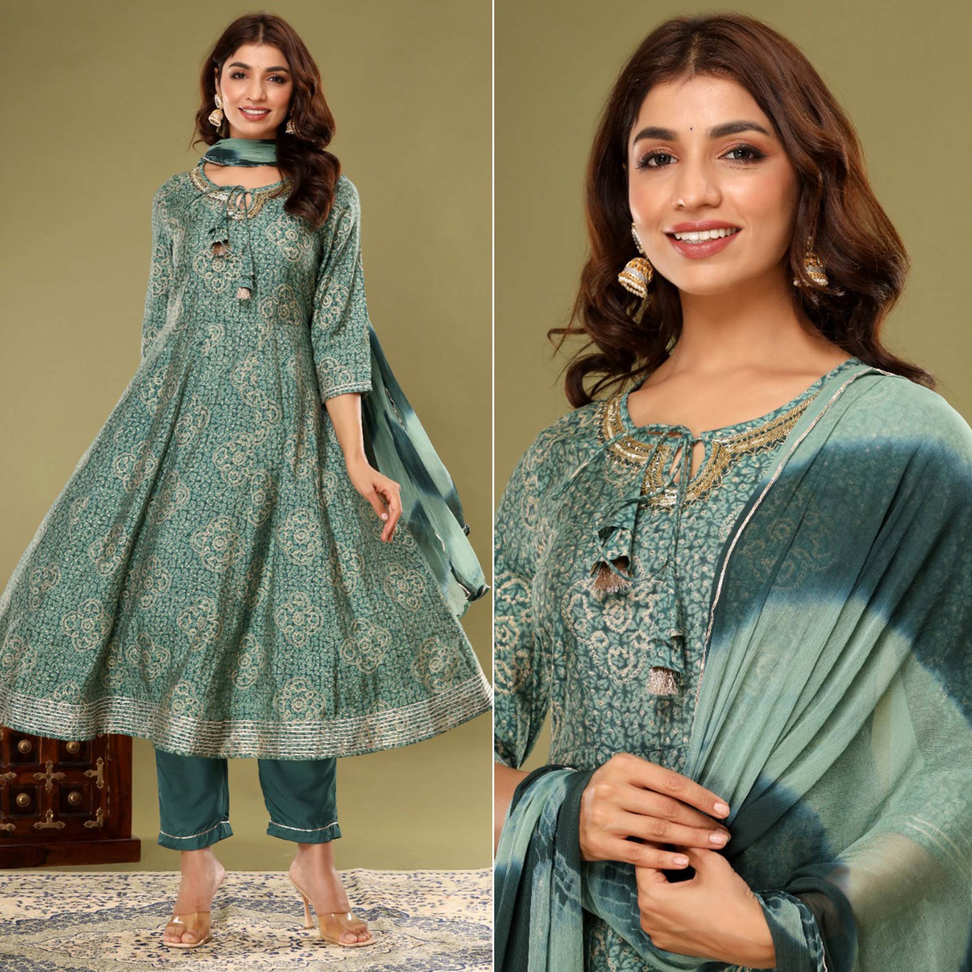 Green Printed With Gota Patti Work Muslin Anarkali Suit