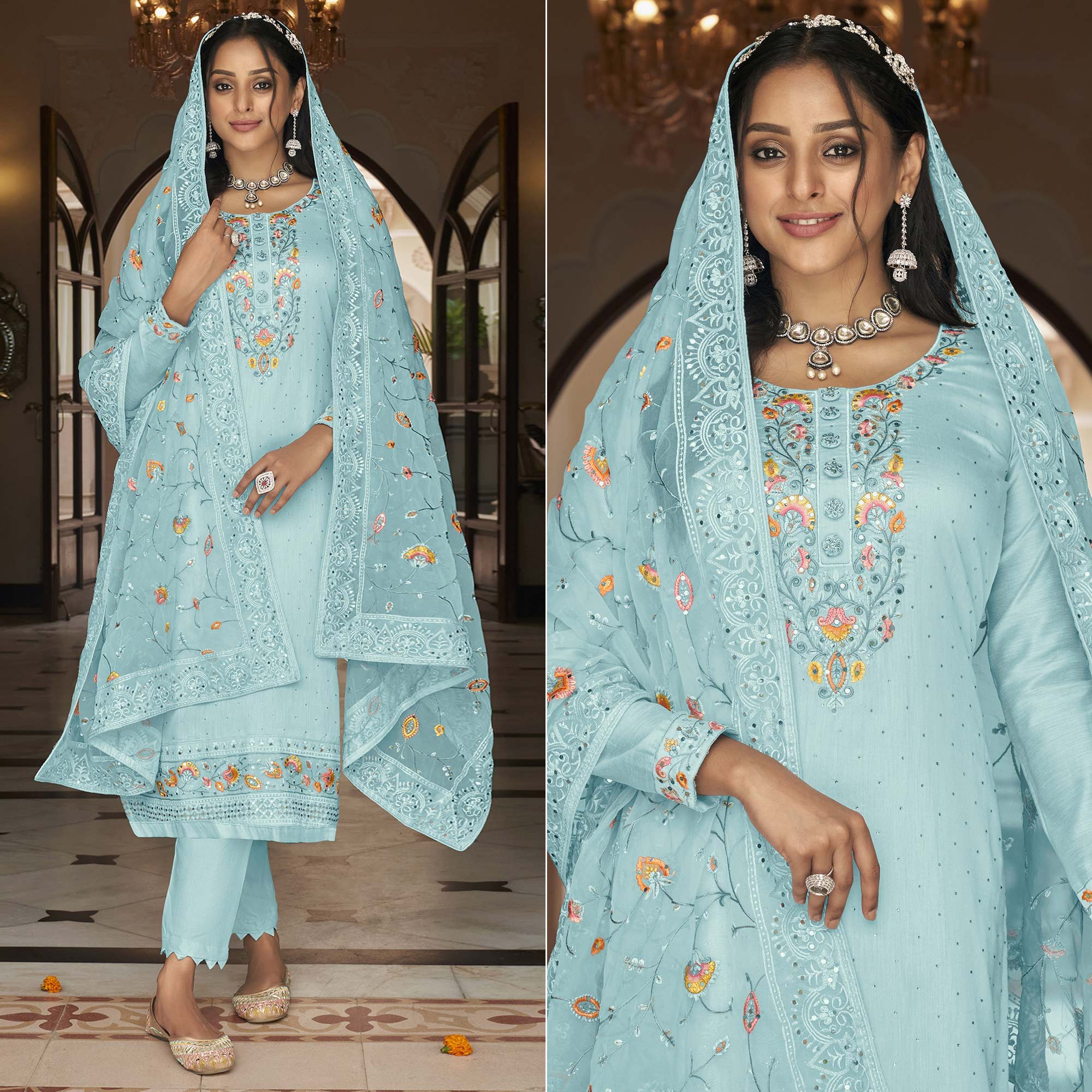 Sky Blue Floral Embroidered Georgette Salwar Suit