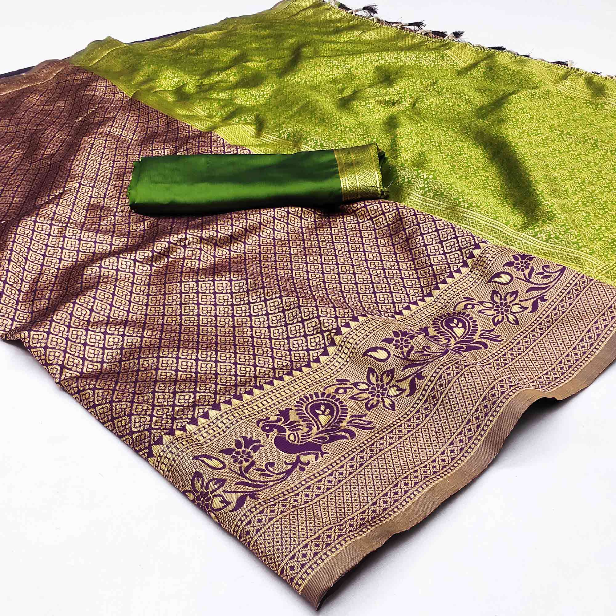 Purple Woven Jacquard Saree With Tassels