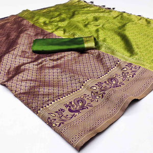 Purple Woven Jacquard Saree With Tassels