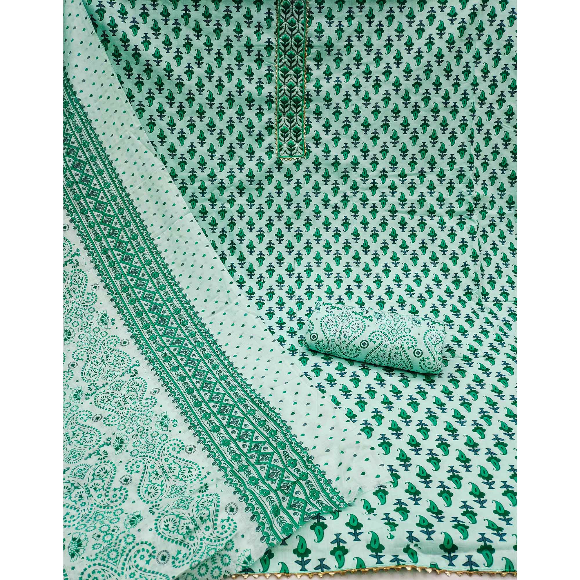 Green Printed Cotton Dress Material