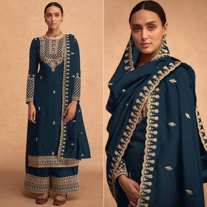 Teal Blue Sequins Embroidered Georgette Palazzo Suit