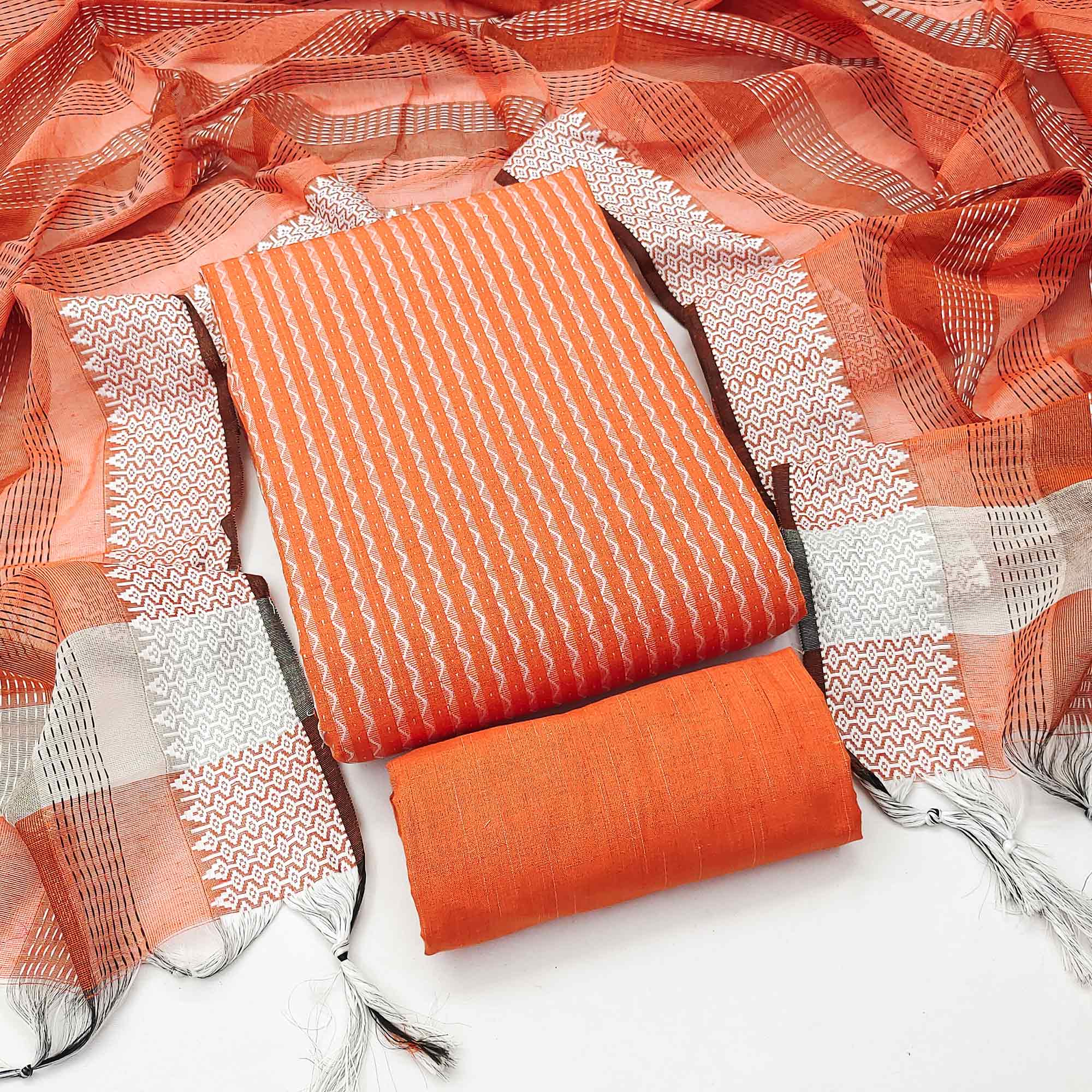 Orange Woven Cotton Blend Dress Material