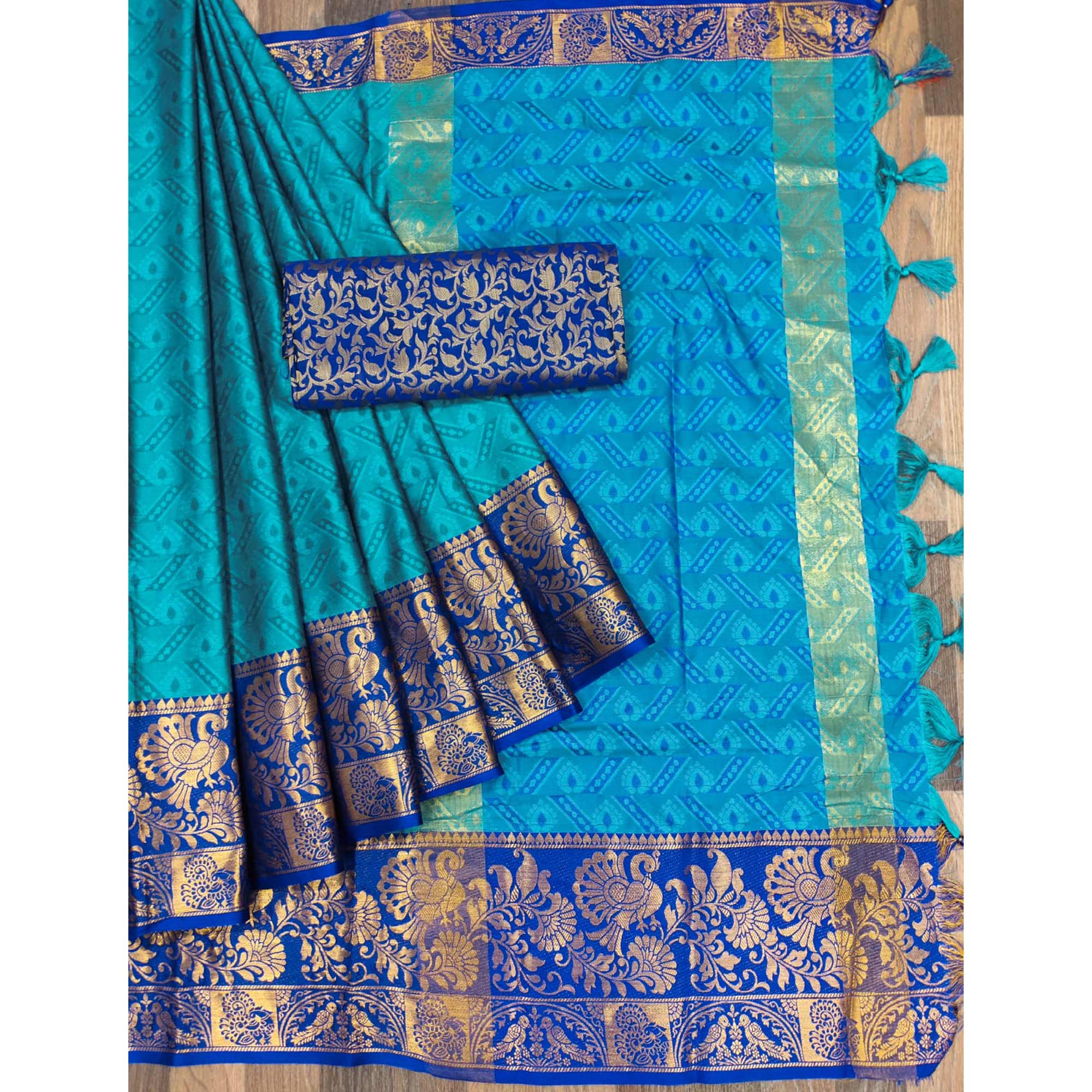 Firozi Woven Cotton Silk Saree With Tassels