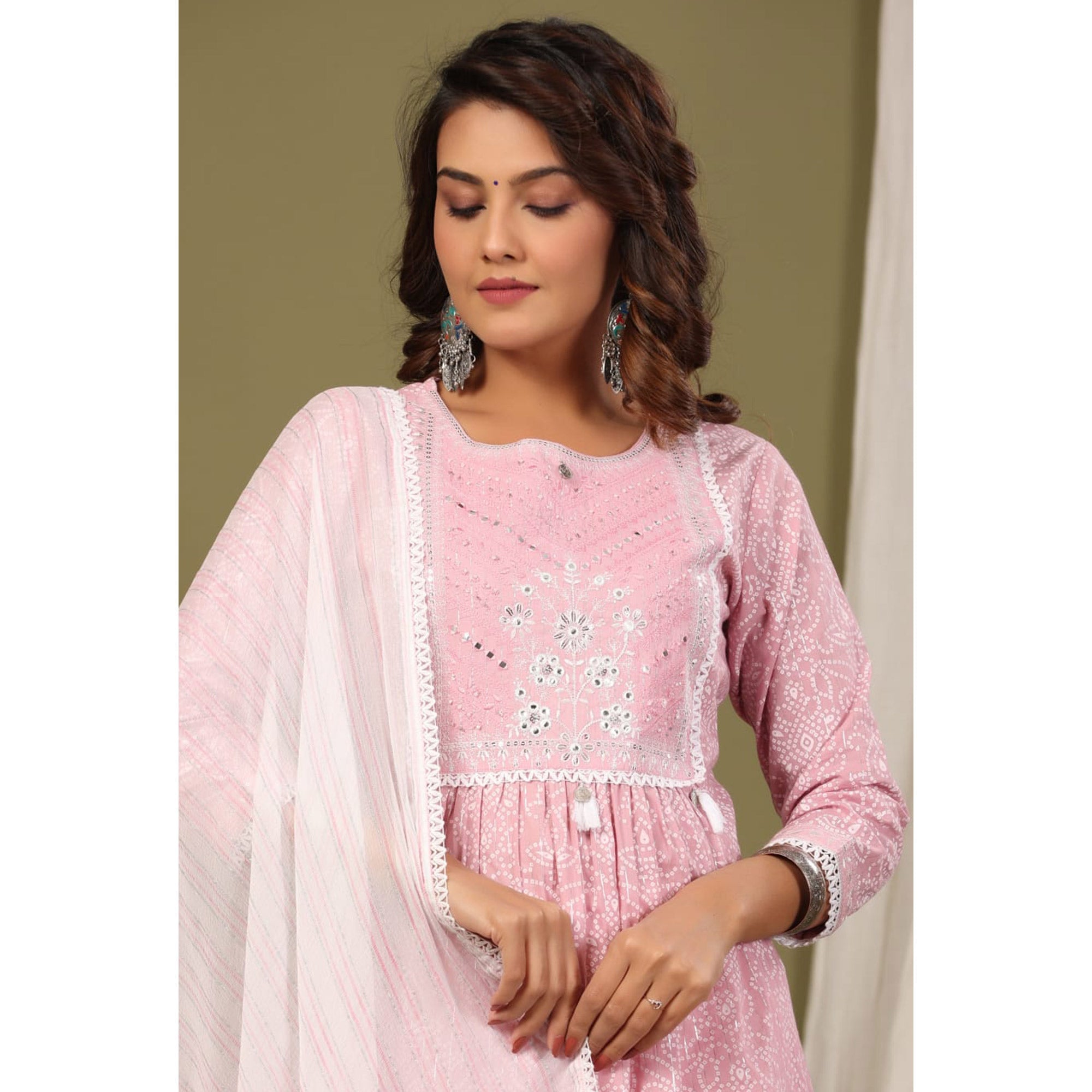 Pink Printed With Embroidered Pure Cotton Naira Cut Suit