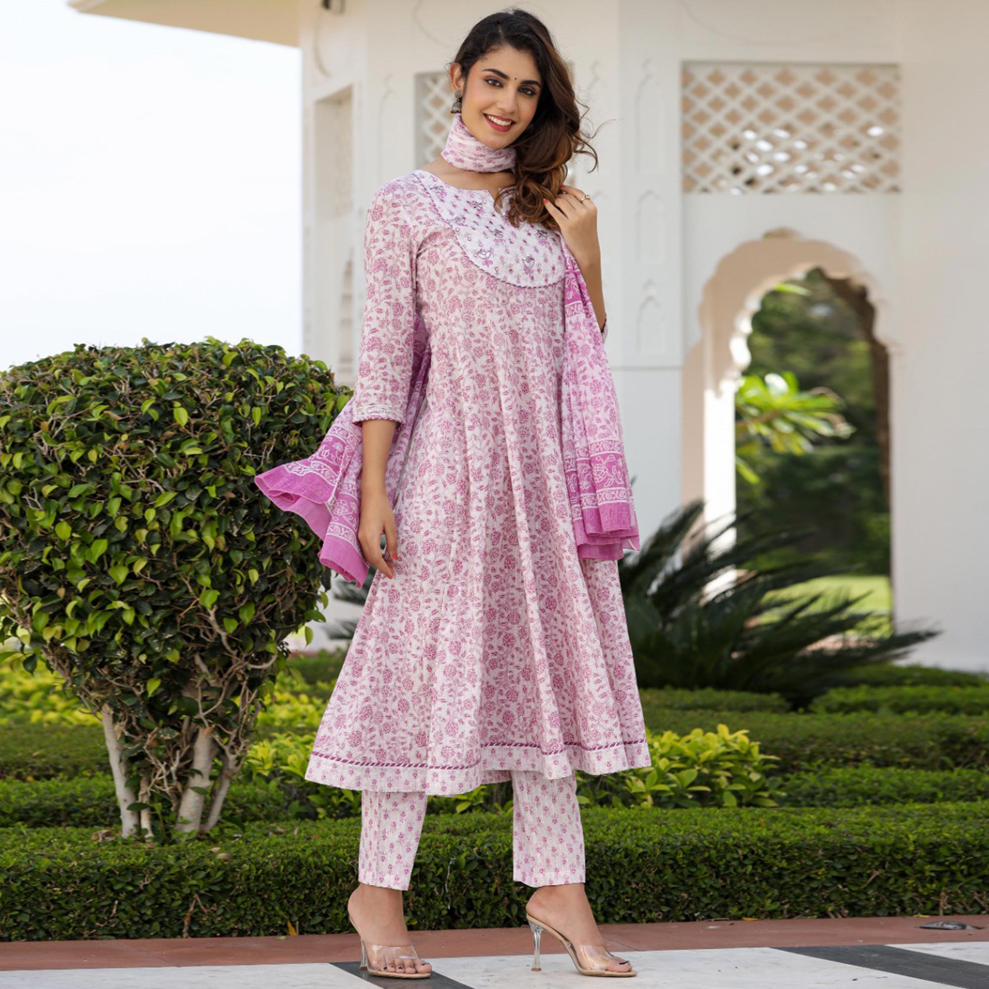 Pink Floral Printed Pure Cotton Anarkali Suit