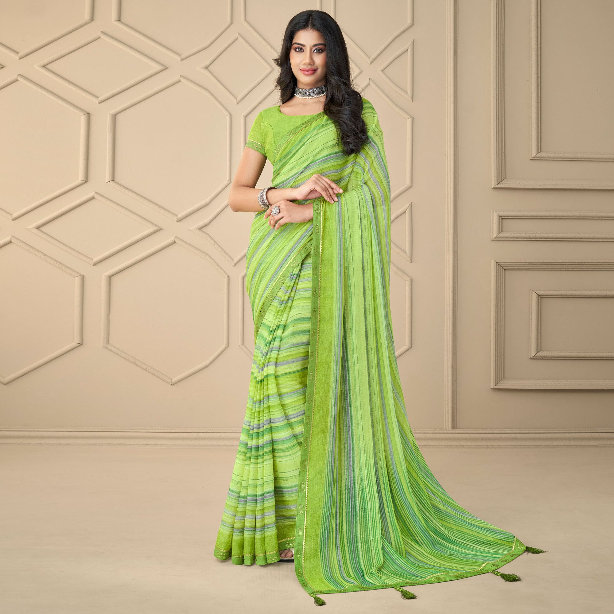 Green Printed Chiffon Saree With Tassels