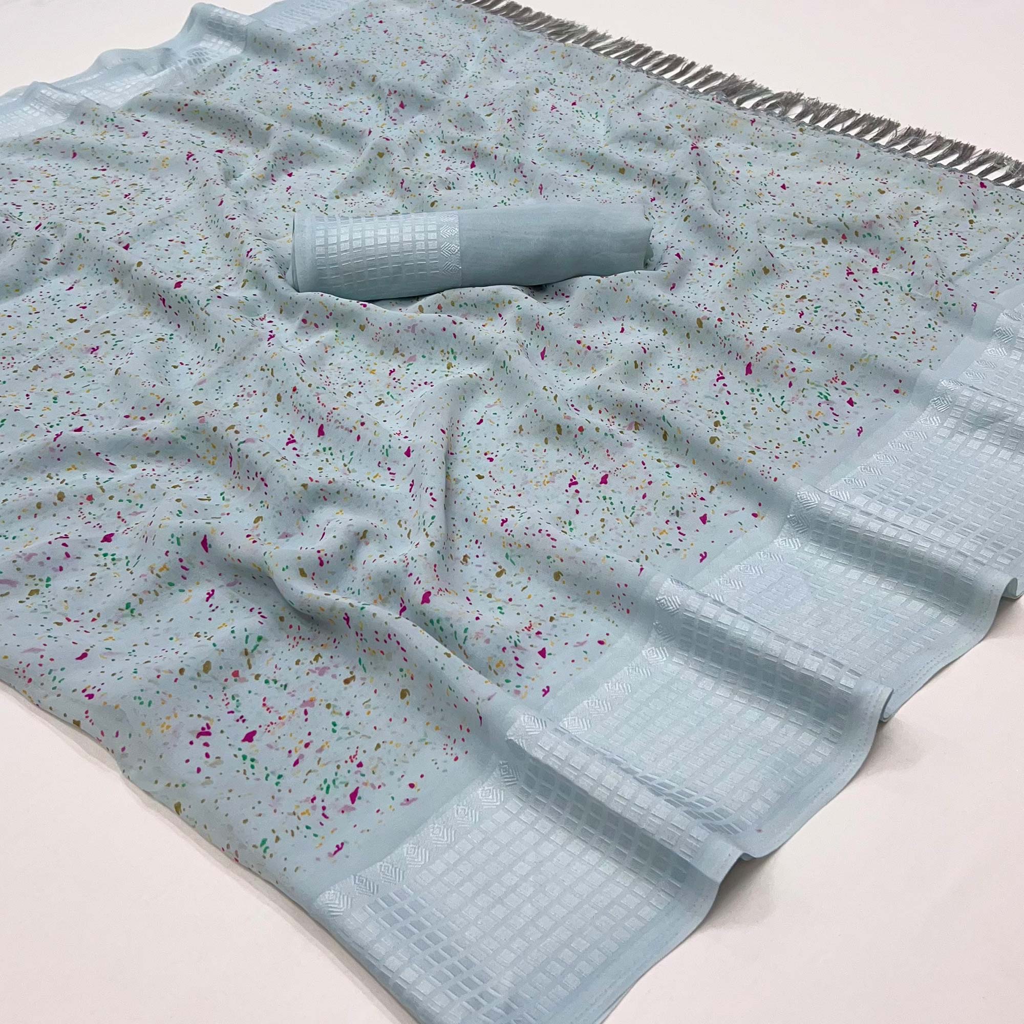 Grey Printed Georgette Saree With Tassels