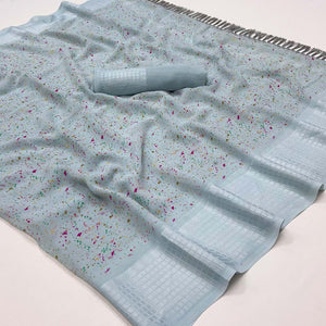 Grey Printed Georgette Saree With Tassels