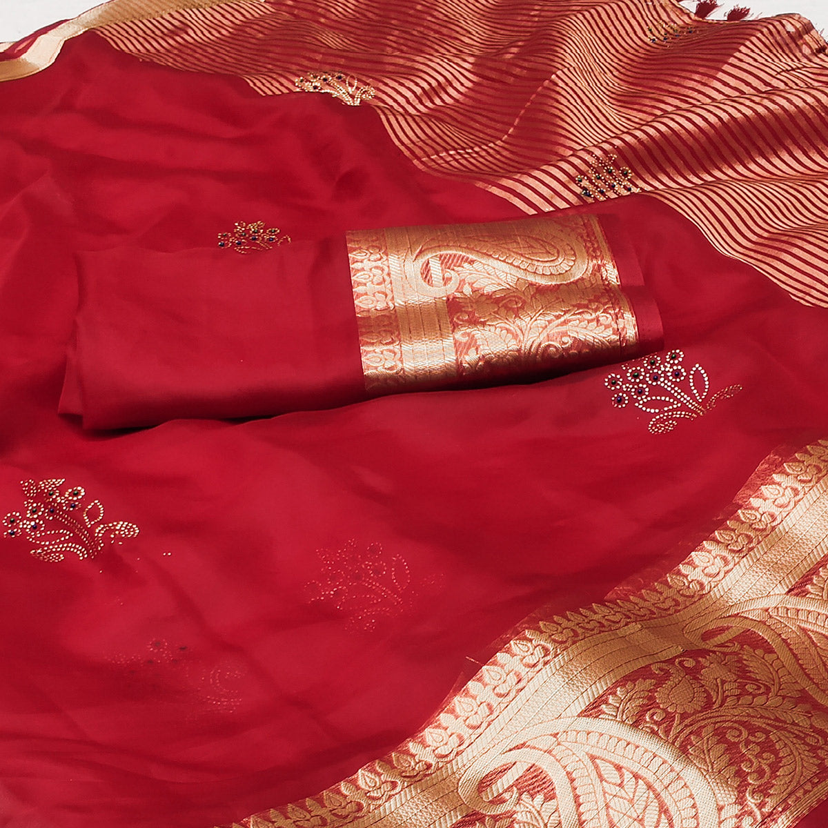 Red Floral Foil With Woven Border Organza Saree
