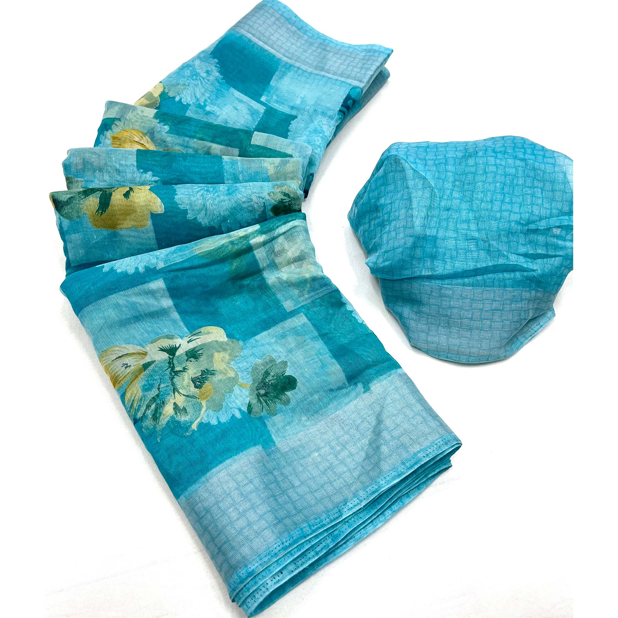 Blue Floral Printed Linen Saree