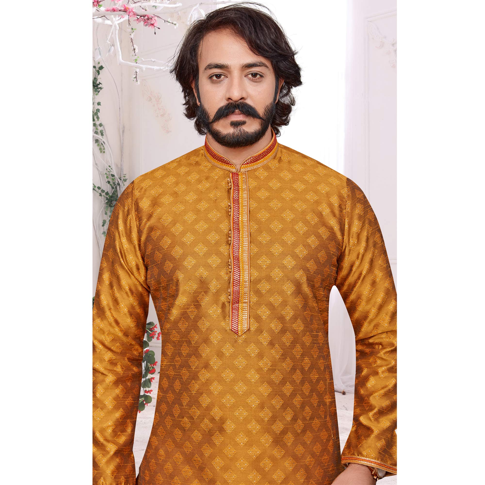 Mustard Woven Jacquard Kurta Pyjama Set