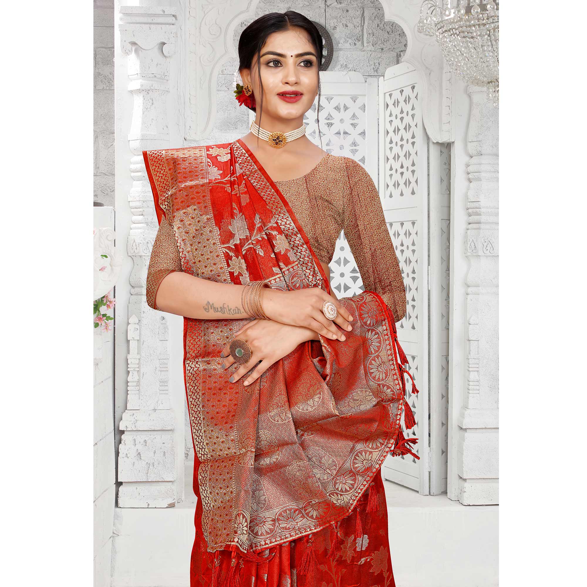 Red Floral Woven Organza Saree With Tassels