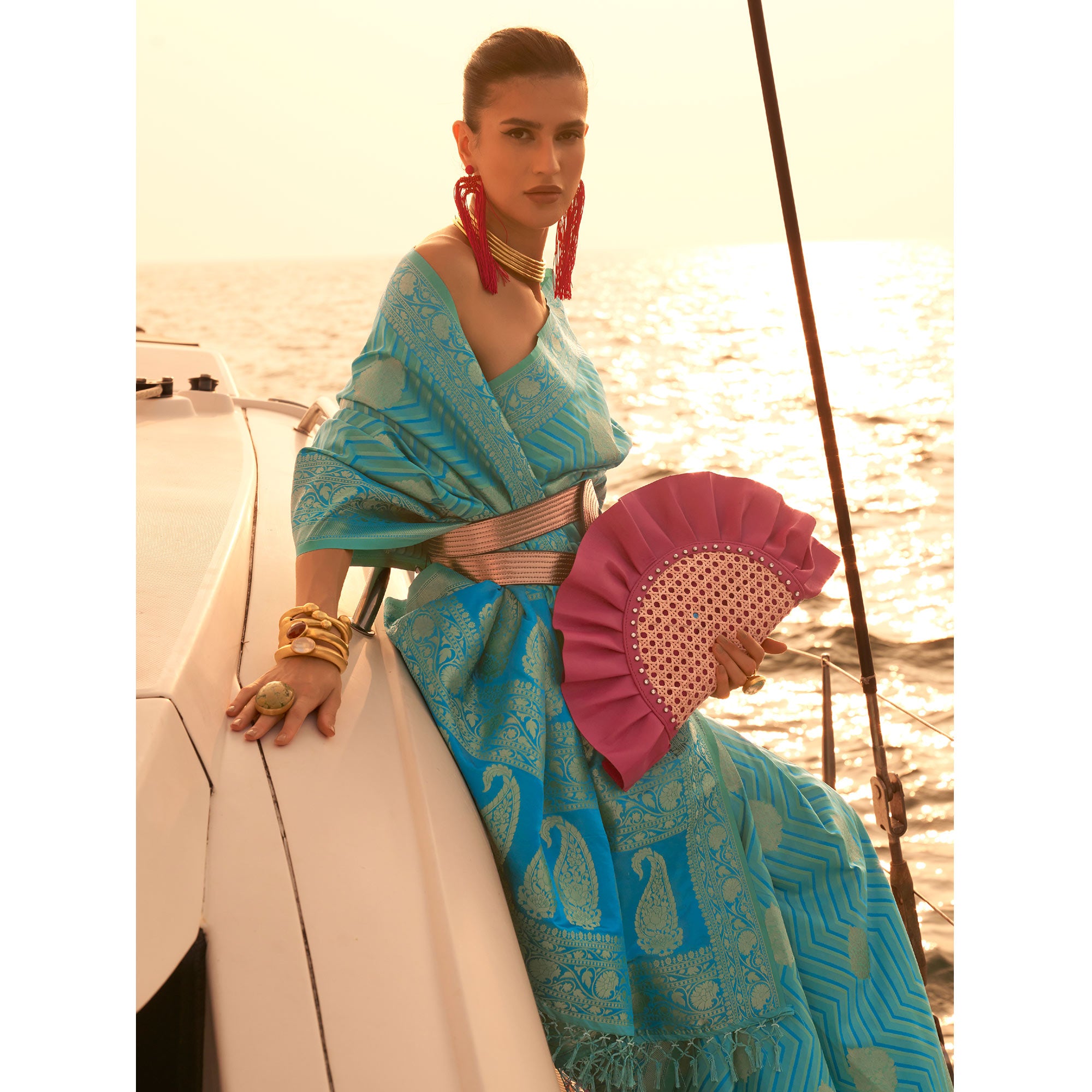 Firozi Woven Satin Saree With Tassels