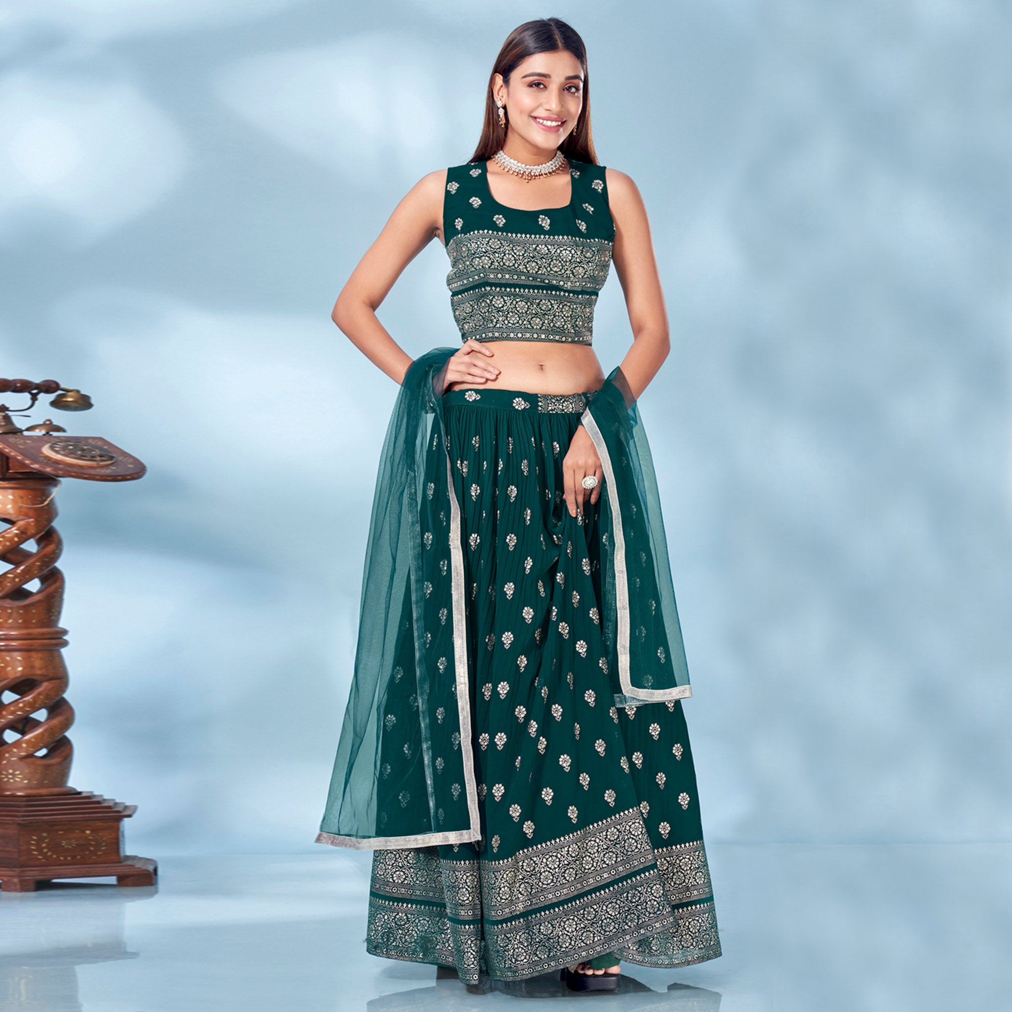Bottle Green Floral Foil Printed Chiffon Lehenga Choli