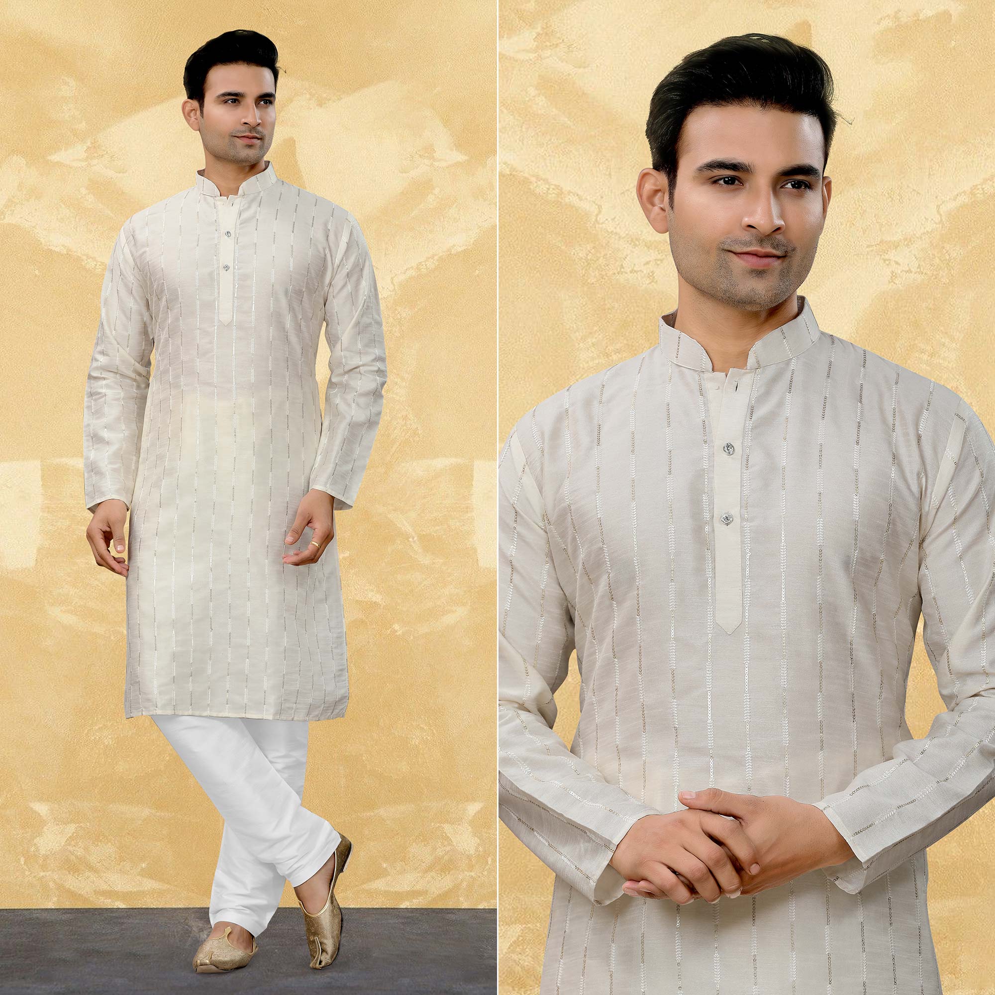 Cream Sequins Embroidered Art Silk Kurta Pyjama Set